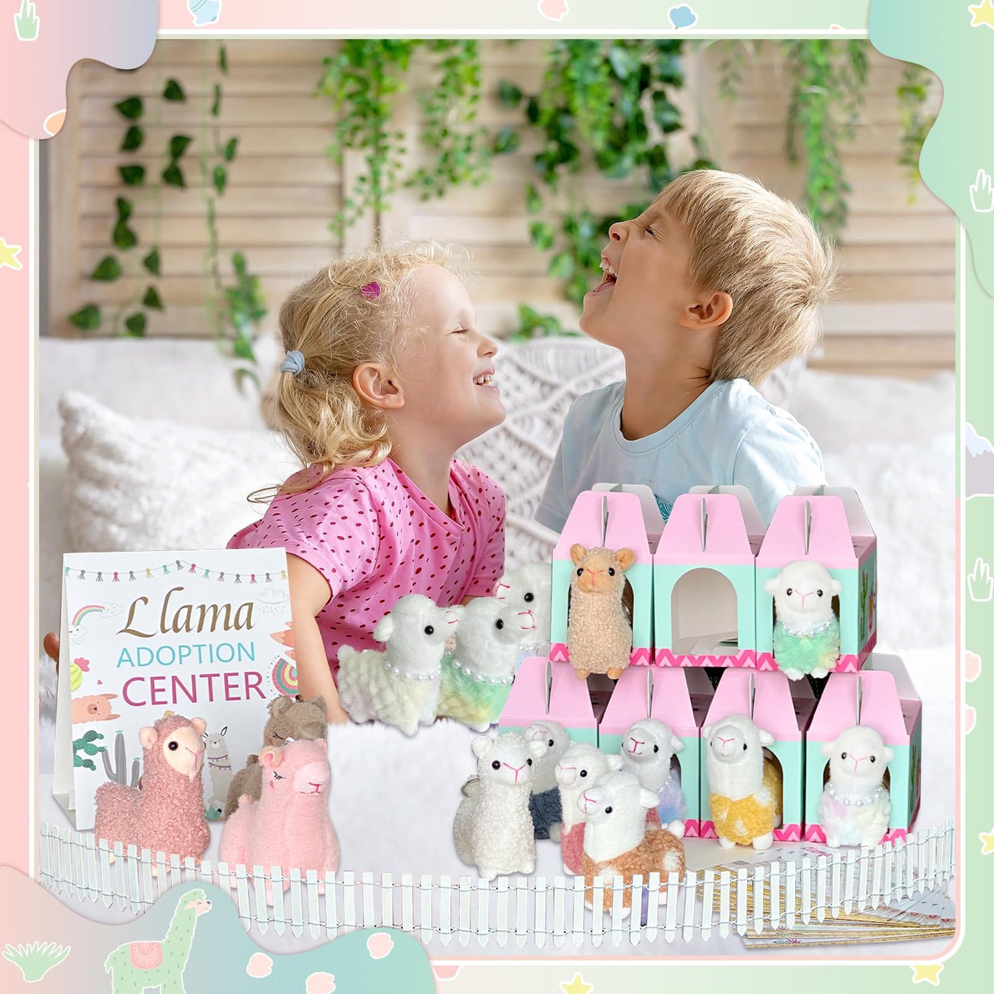 Gaiaring 38 Pcs Adopt A Pet Llama Party Favor Set | 12 Plush Llamas, 12 Foldable Boxes, 12 Adoption Certificates, Fence & Stand
