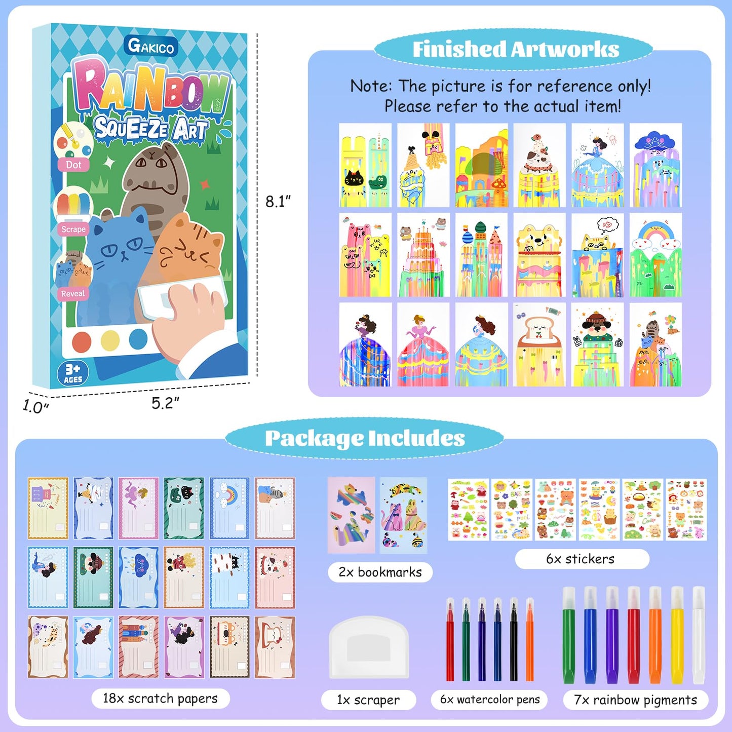 GAKICO Rainbow Scratch Art for Kids – Squeegee Painting Kit & Postcard Design Set
