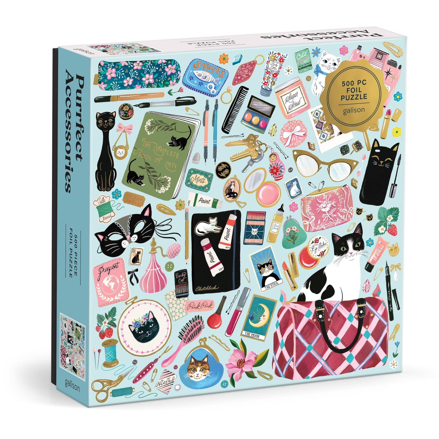 Galison Purrfect Accessories – 500-Piece Foil Jigsaw Puzzle with Cat Lover's Handbag Artwork