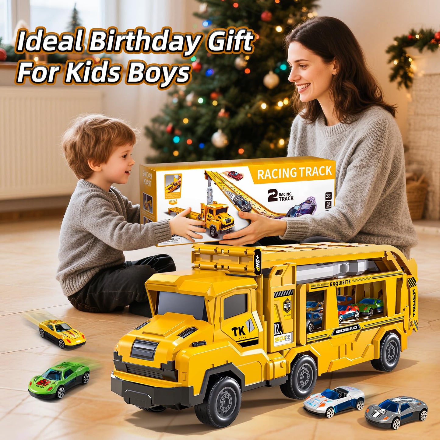 Garbo Star Transport Truck Toys Set – 12 Die-Cast Cars, Dual-Track & Catapults for Ages 3-7