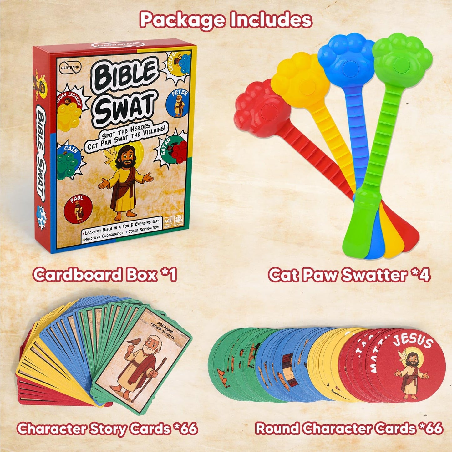 Garybank Bible Swat Game for Kids – 56 Bible Character Cards & Scripture Stories | Sunday School & Family Faith Play