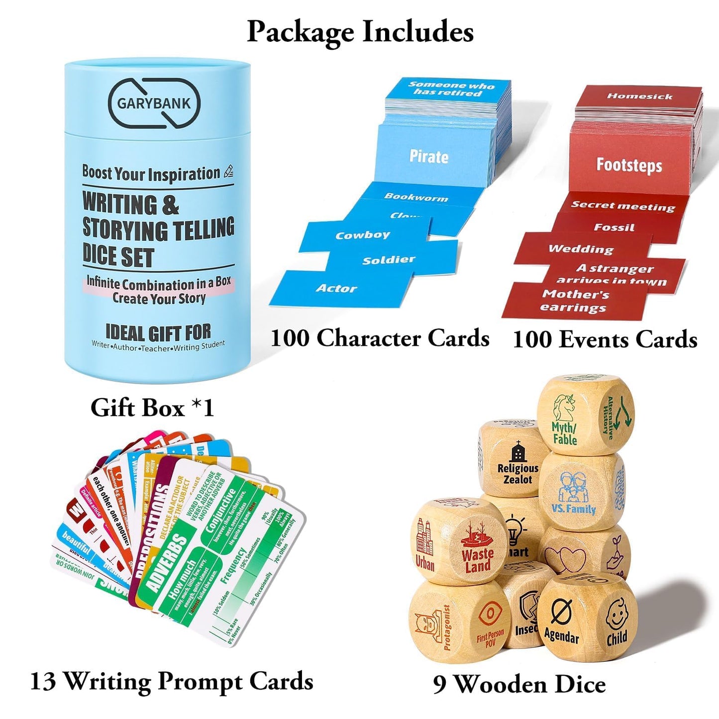 Garybank Inspiration Writing Prompt Dice – 9 Story Cubes, 13 Skill Cards & 200 Character/Event Cards for Kids, Writers & Teachers
