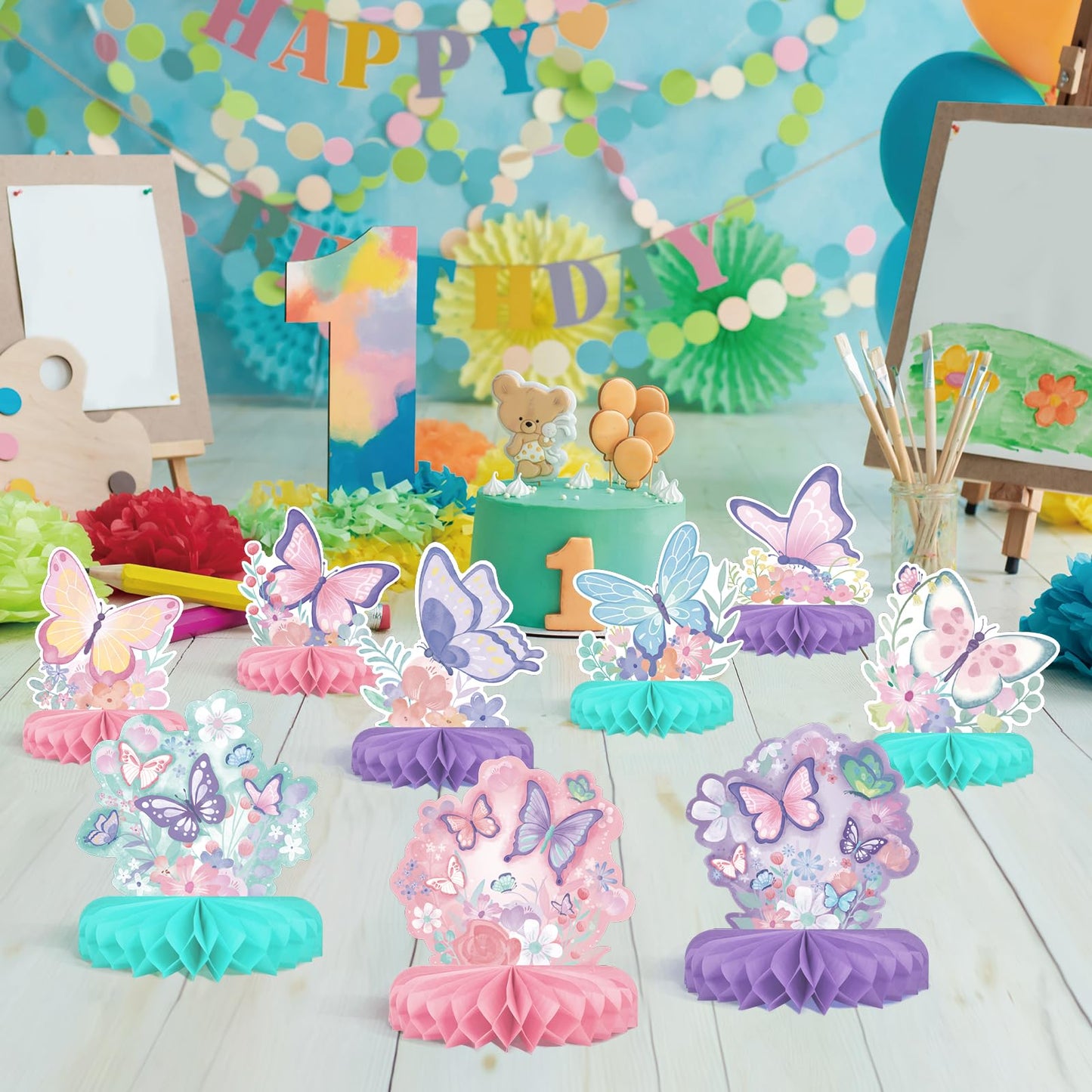 Gatherfun Butterfly Birthday Party Supplies Kit — Honeycomb Centerpieces & Table Decor