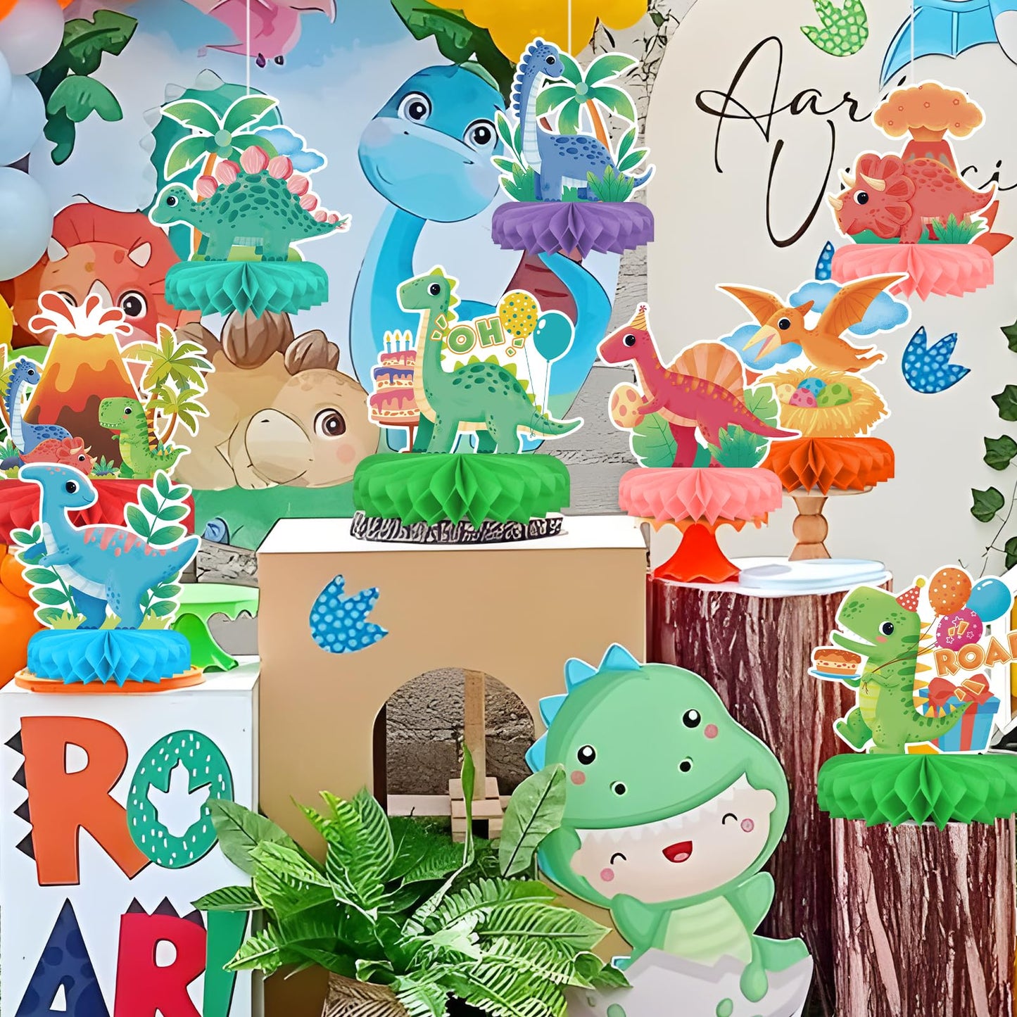 Gatherfun Dinosaur Birthday Party Kit – Honeycomb Centerpiece & Dino Table Decorations