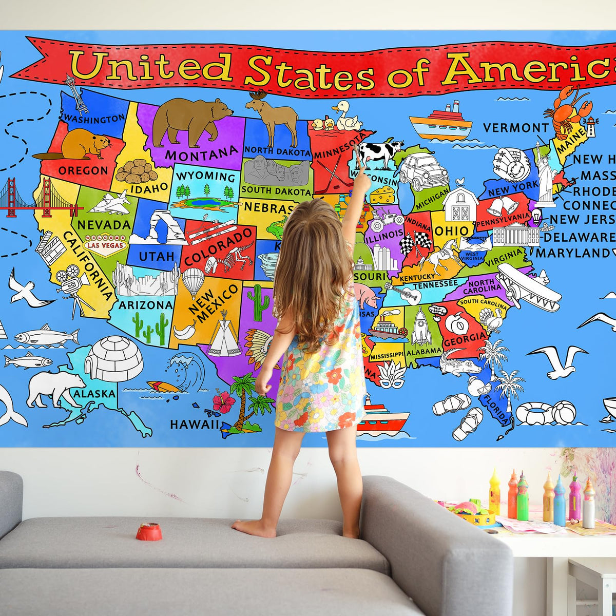 Gatherfun USA Coloring Activity Poster — Giant 31.5x72 Classroom Wall Decor & Party Table Cover