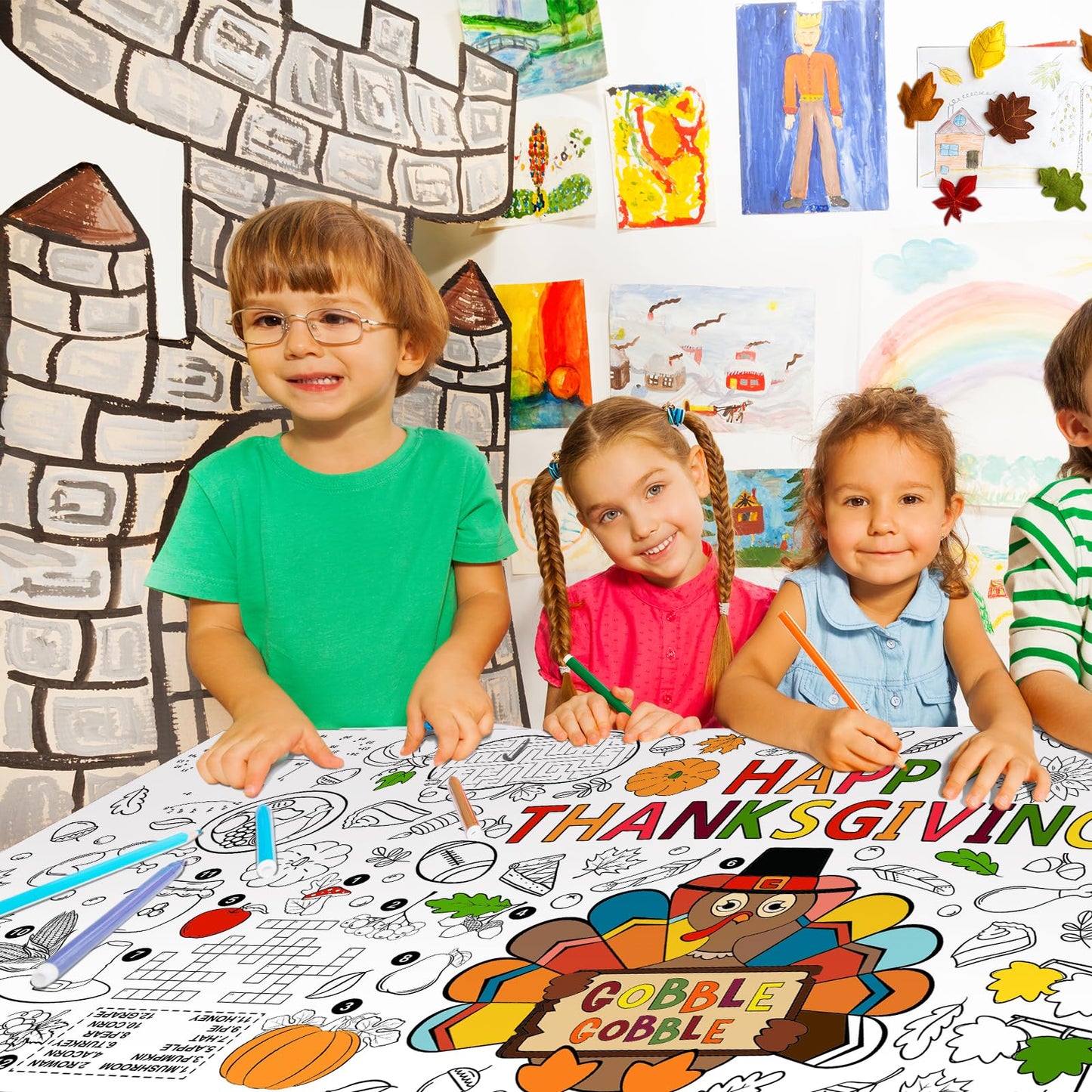 Gatherfun Family Fun Thanksgiving Activity Poster – 31.5 x 72 in Turkey-Themed Coloring Banner & Table Cover