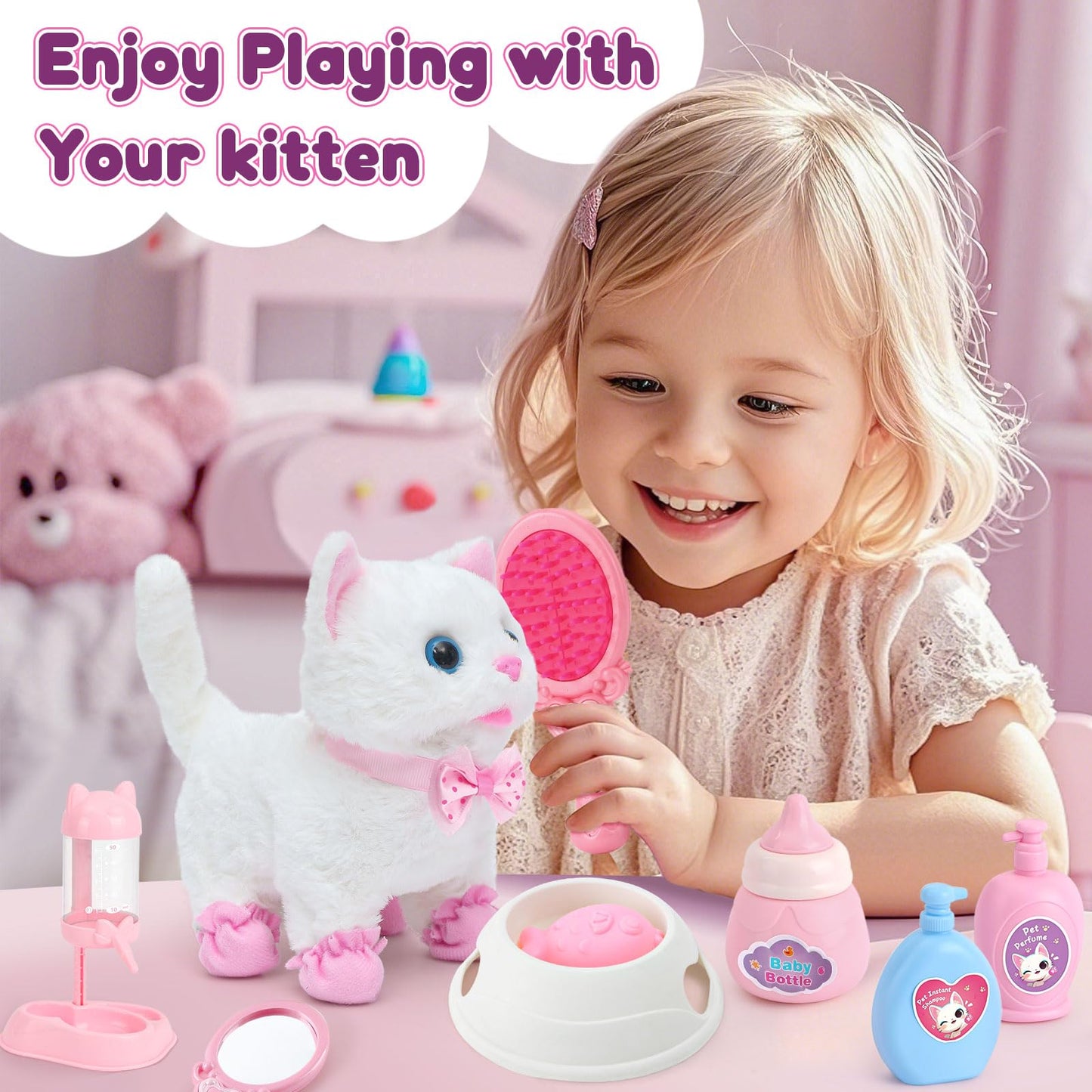 G.C Cat Toys – Electronic Interactive Cat with Stroller, Walk Meow Wag Tail for Kids