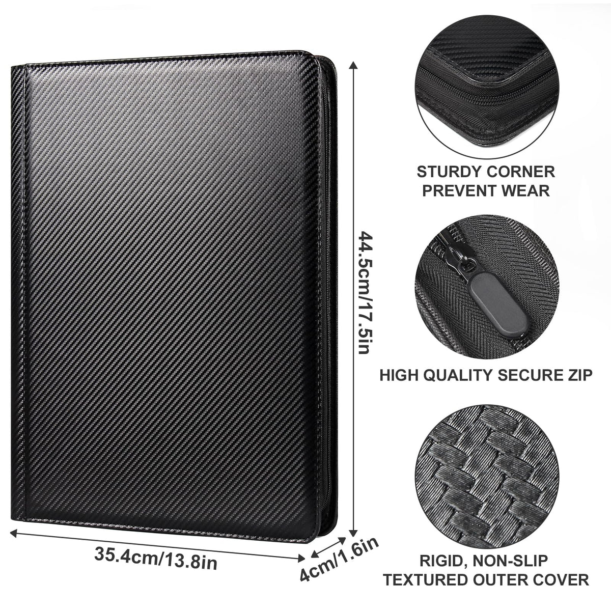 GEAoffice 16-Pocket Trading Card Binder – Holds 1024 Cards, Ringless Side-Loading, PU Leather, Zipper, 4x4 Pages, Carbon Black