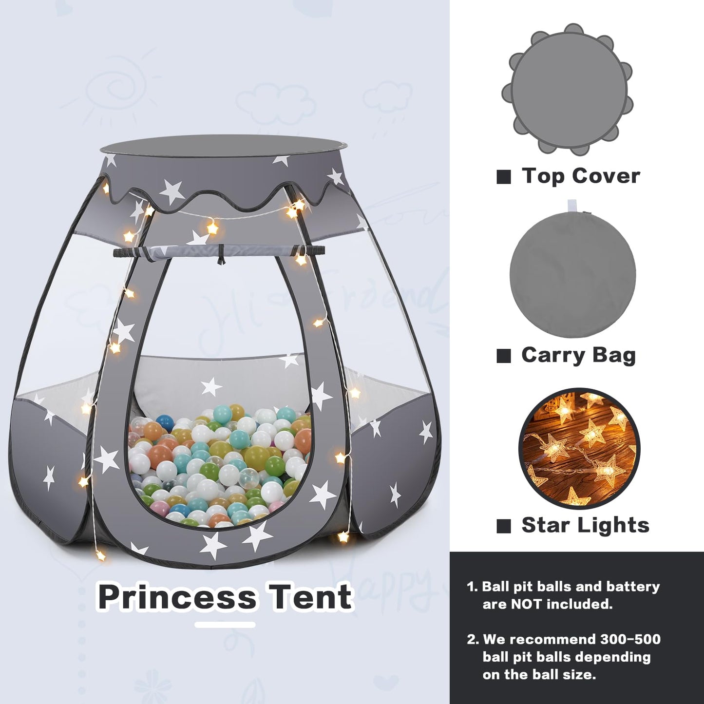 GeerWest Baby Ball Pit with Star Lights - Pop Up Princess Tent for Kids
