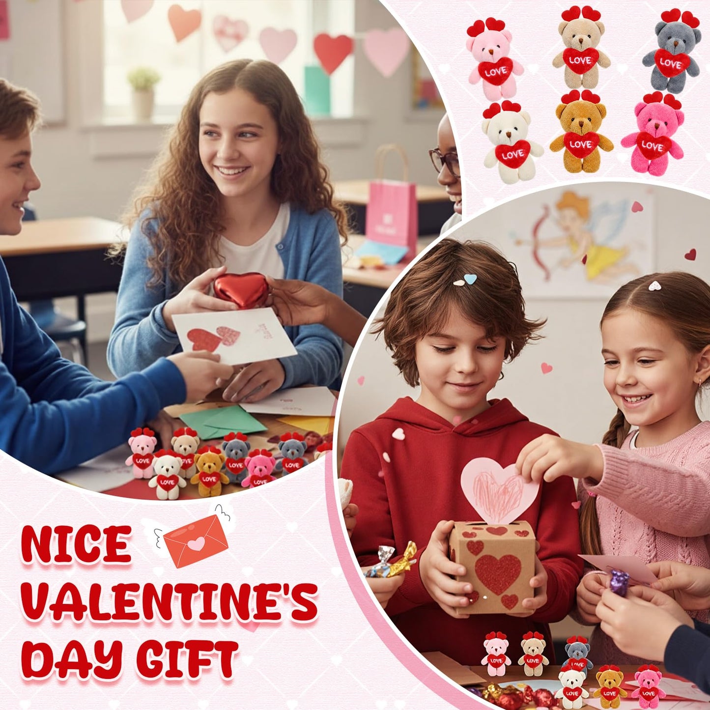 Gejoy 24-Pcs Valentines Day Mini Plush Bear Keychains – Heart-Themed Classroom & Party Favors