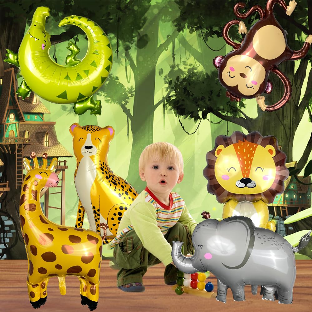 GELOUBO Safari Animal Foil Balloon Set — Elephant, Monkey, Lion, Giraffe, Leopard, Zebra, Crocodile
