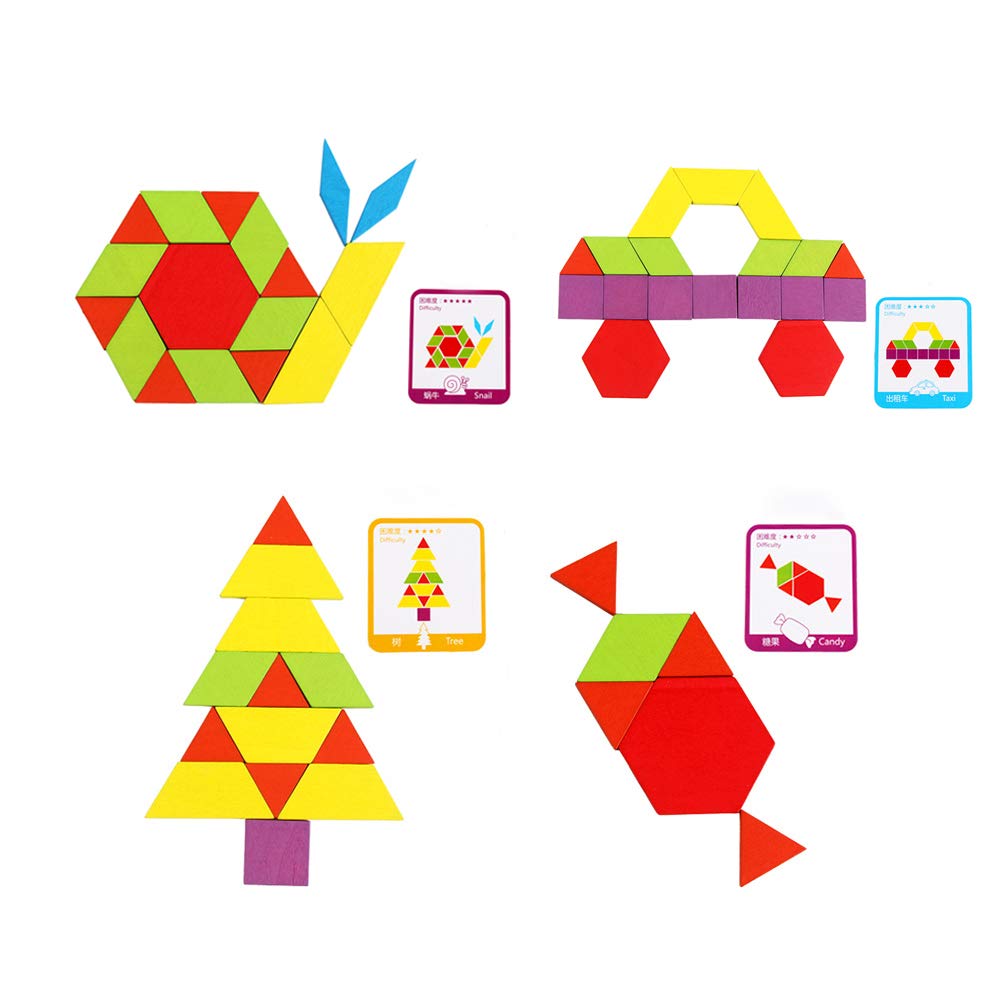GEMEM 155 Pcs Wooden Pattern Blocks Set – Geometric Puzzle for Kids 4-8 + 24 Design Cards