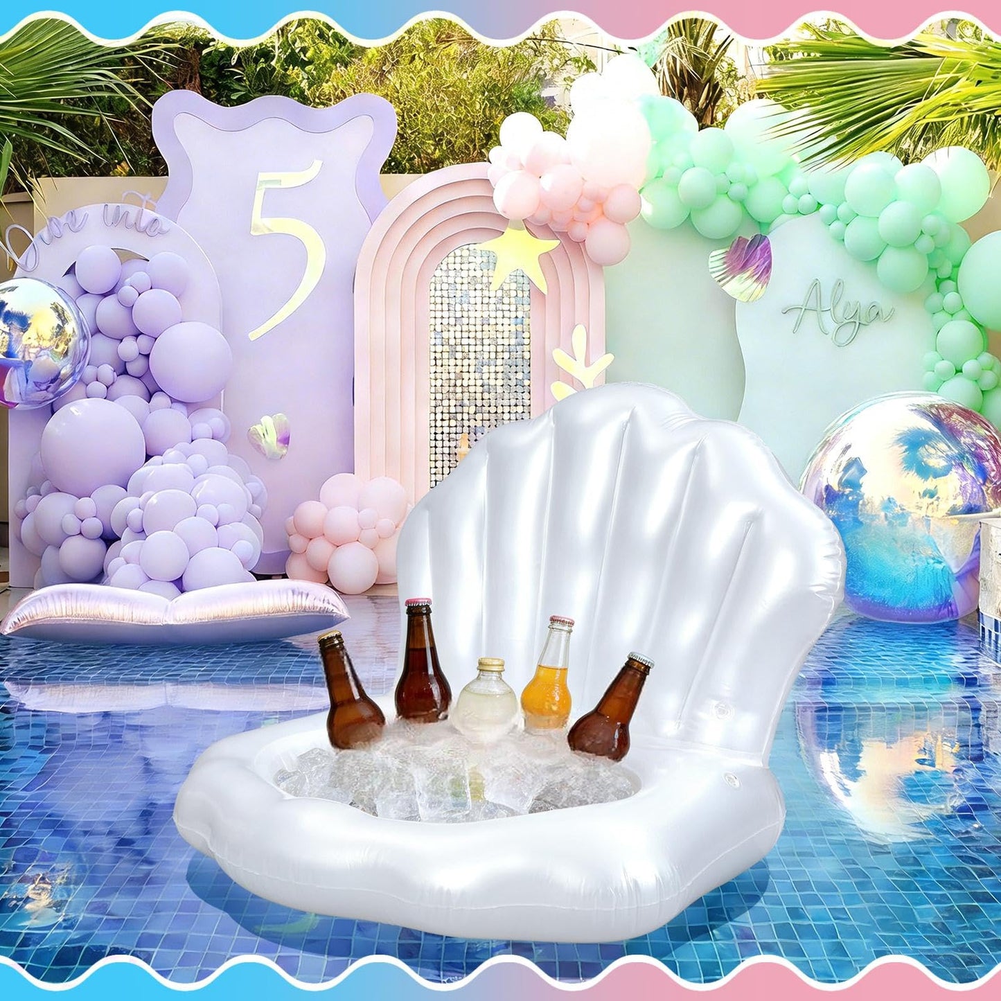 Gemscream Mermaid Seashell Inflatable Cooler – Ocean Theme Party Decor & Floating Drink Holder