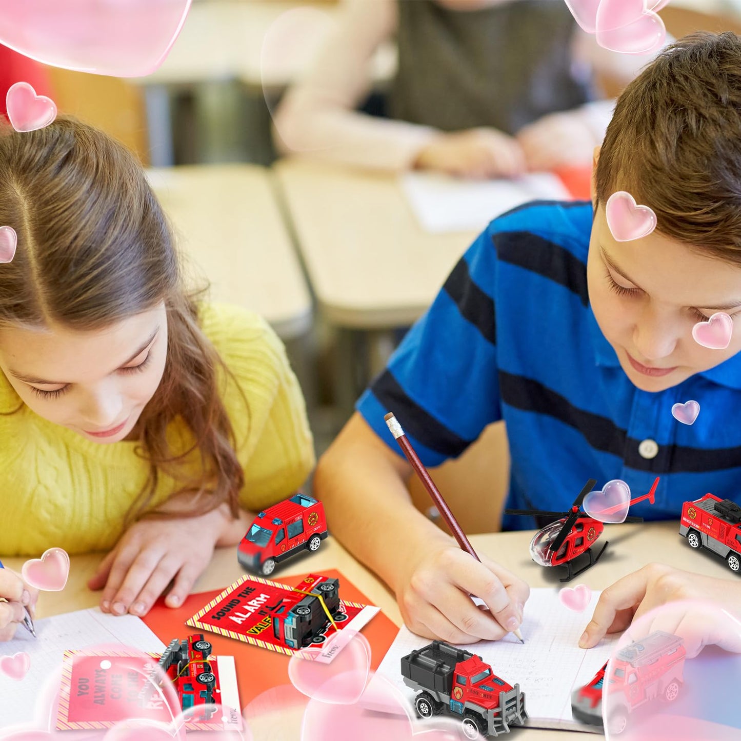 Gemscream 28 Valentine's Day Gift Card Set with Fire Rescue Vehicles — Party Favors & Exchange Prizes