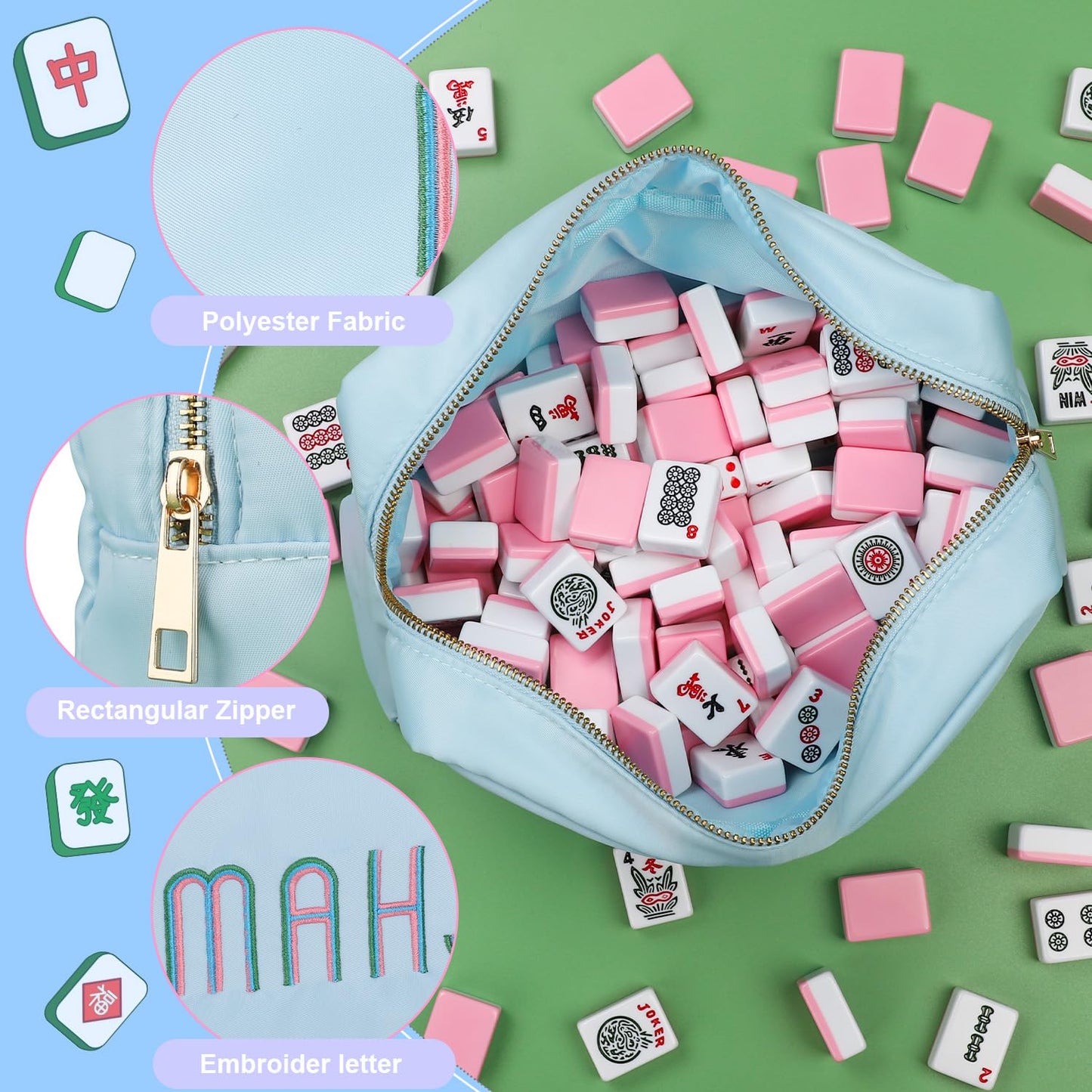 Generic Mahjong Tiles Bag for 1.2-Inch Tiles | Lightweight, Travel-Ready Case with Embroidery