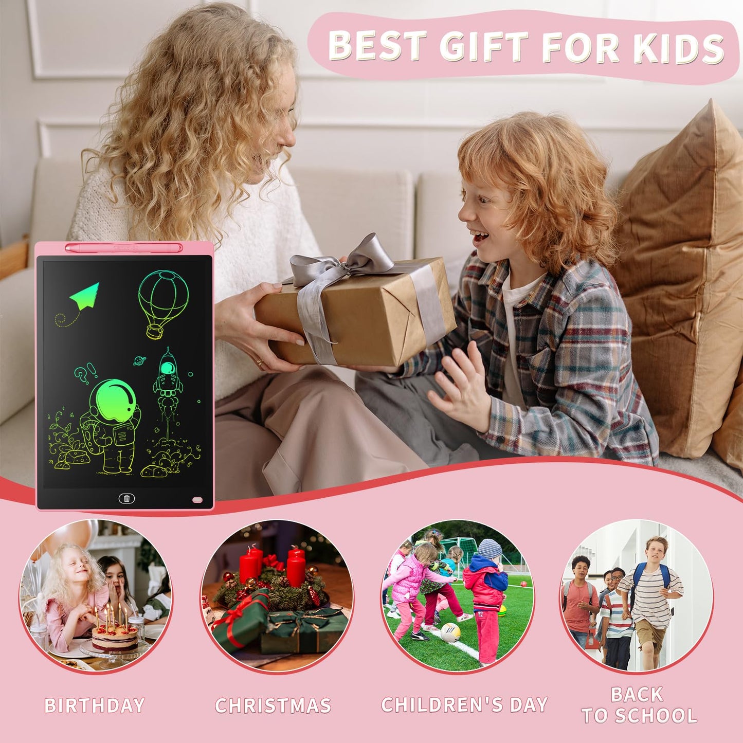 Genialba LCD Writing Board 16 Inches – Colorful Erasable Tablet for Kids (Pink)
