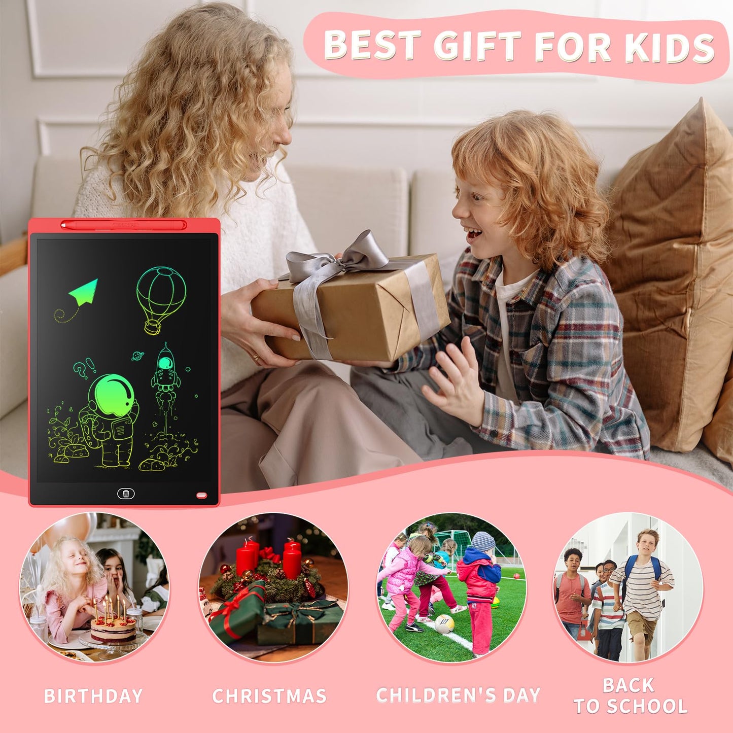 Genialba 2-Pack 10-Inch LCD Color Tablet – Erasable Kids Drawing Board (Blue/Red)