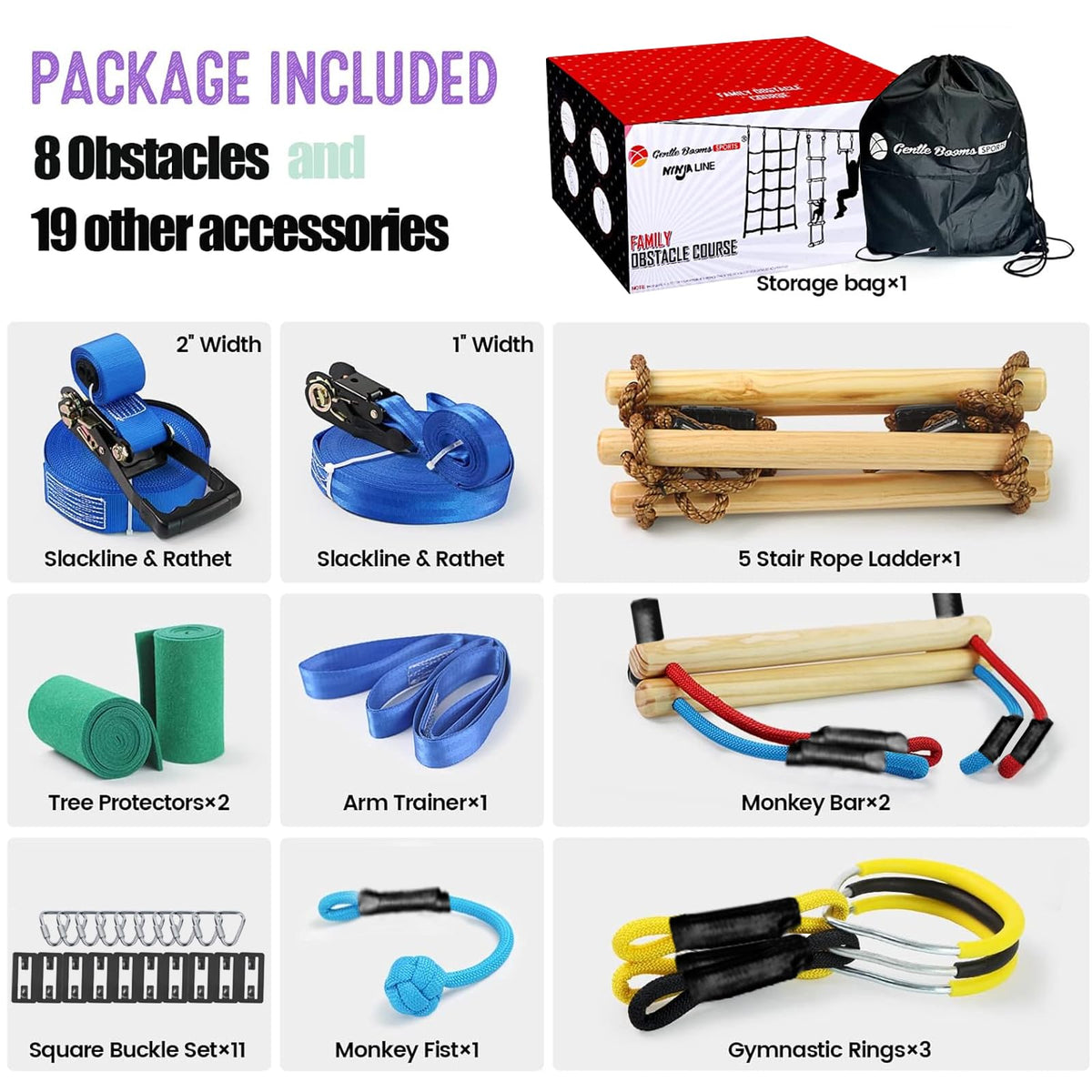 Gentle Booms Sports Ninja Warrior Obstacle Course for Kids – 2×56ft Slackline Kit with 8 Accessories