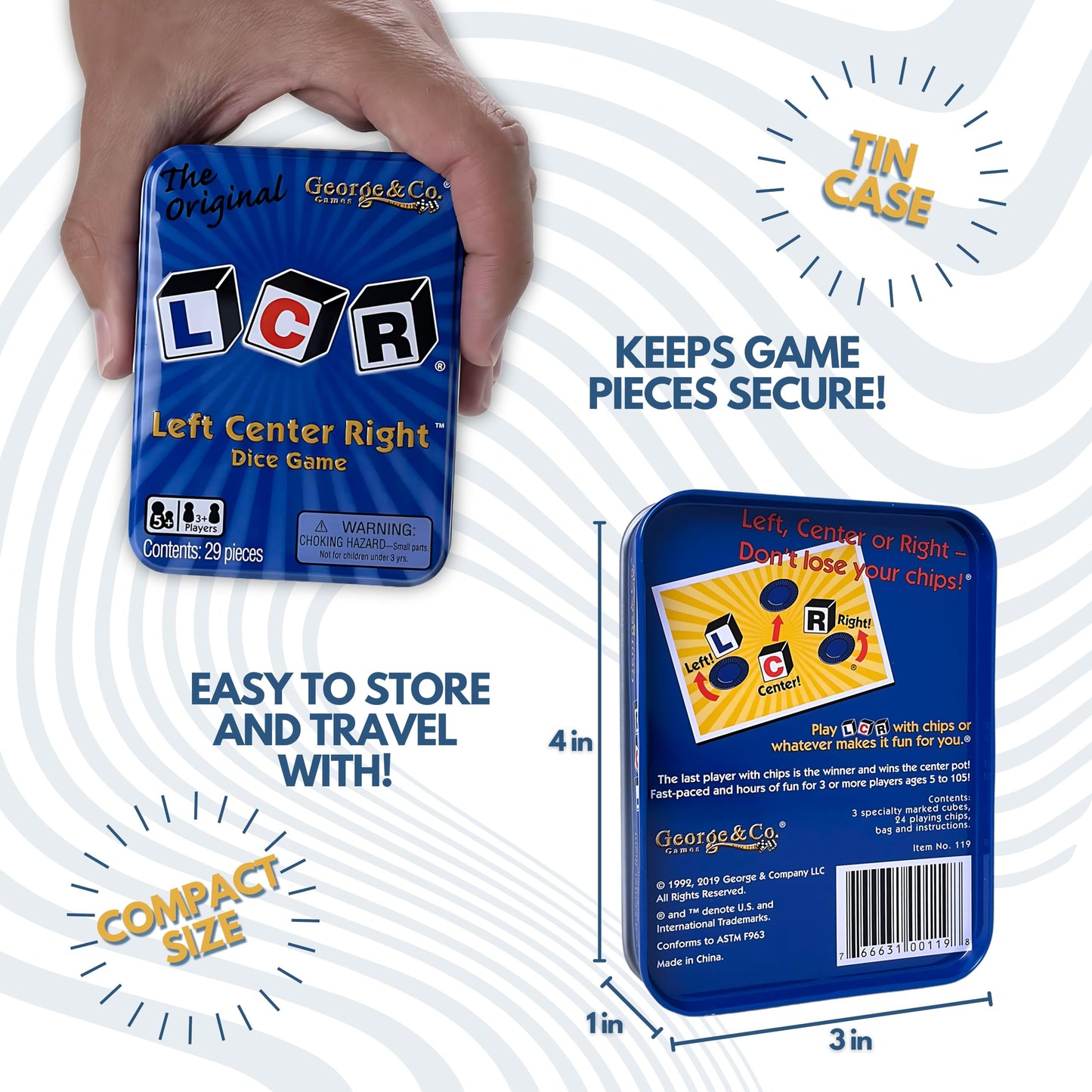 George & Company LCR Left Center Right Dice Game – Blue Tin