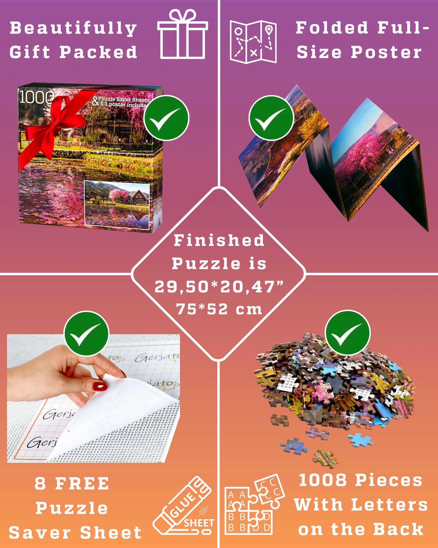 Gerjato 1000-Piece Puzzle for Adults – Scenic Village with Cherry Trees in Bloom | Gift-Ready Box