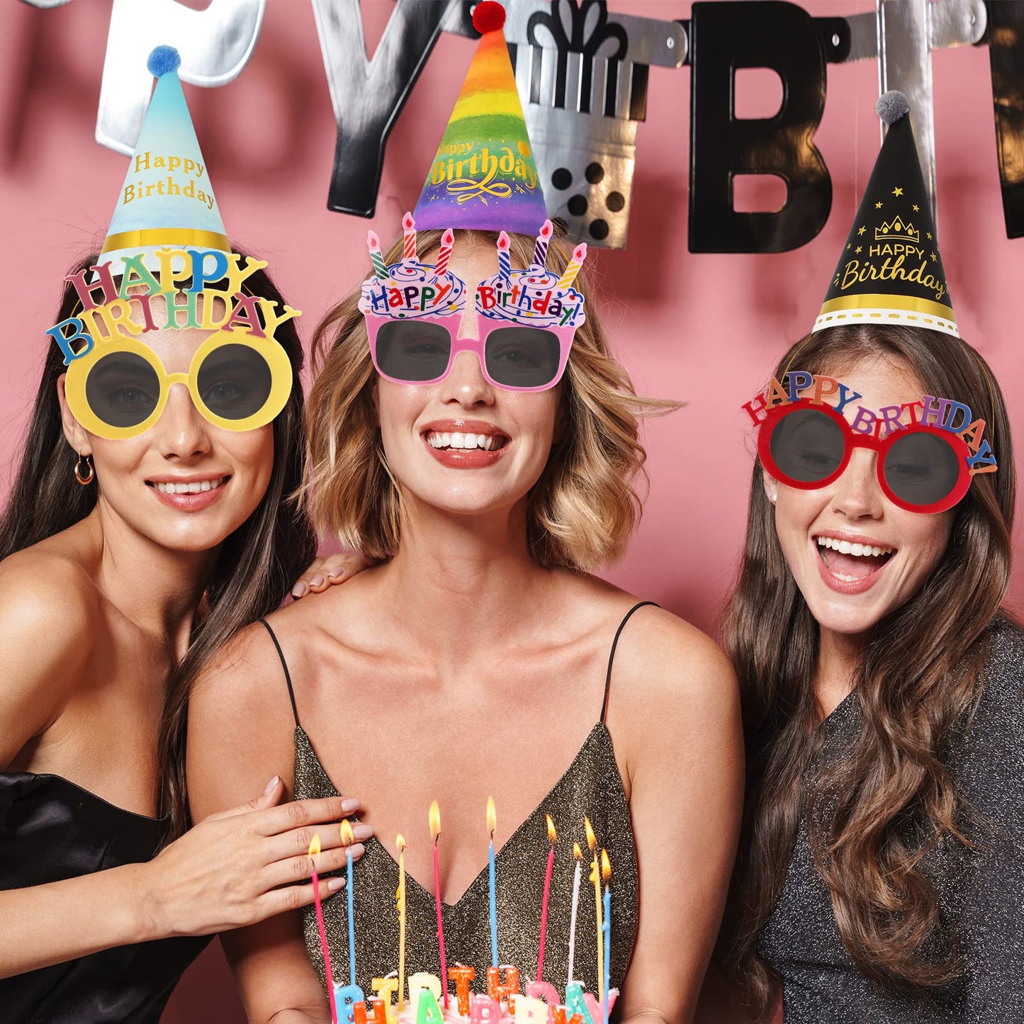 Gersoniel 16 Pcs Birthday Hats Set – Cone Hats with Pom Poms & Glasses for Family Celebrations