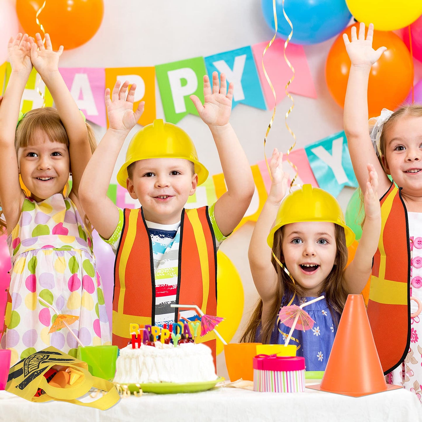 Geyoga 24-Piece Kids Construction Worker Costume Set: Vests, Hats, Cones & Tote Bags