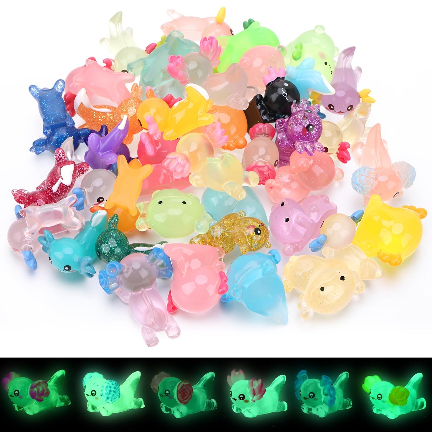 GGSTDDUP 40 Pcs Luminous Mini Axolotl Resin Figurines – Glow in the Dark DIY Decor
