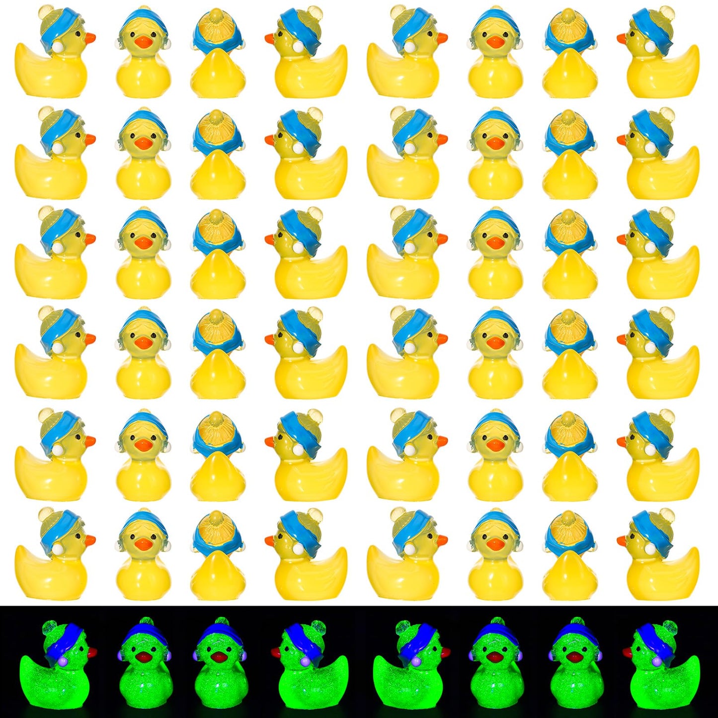 GGSTDDUP 50 Pcs Luminous Ducks Toy Figures with Pearl Earrings – Glow in the Dark Mini Resin Ducks for Party Favors