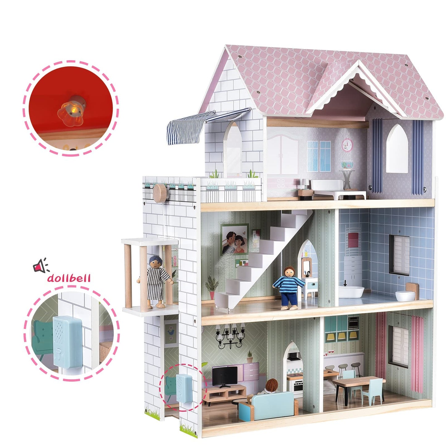 Giant bean Large Pink Wooden Dollhouse – 3-Story Playset with Elevator, Lights & 15 Furniture & 3 Dolls