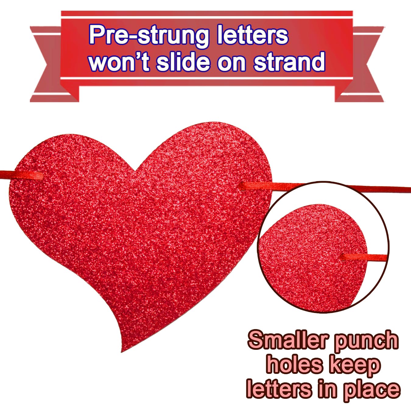 Gifloon Happy Valentines Banner – Pre-Strung Red Glitter Heart Decor