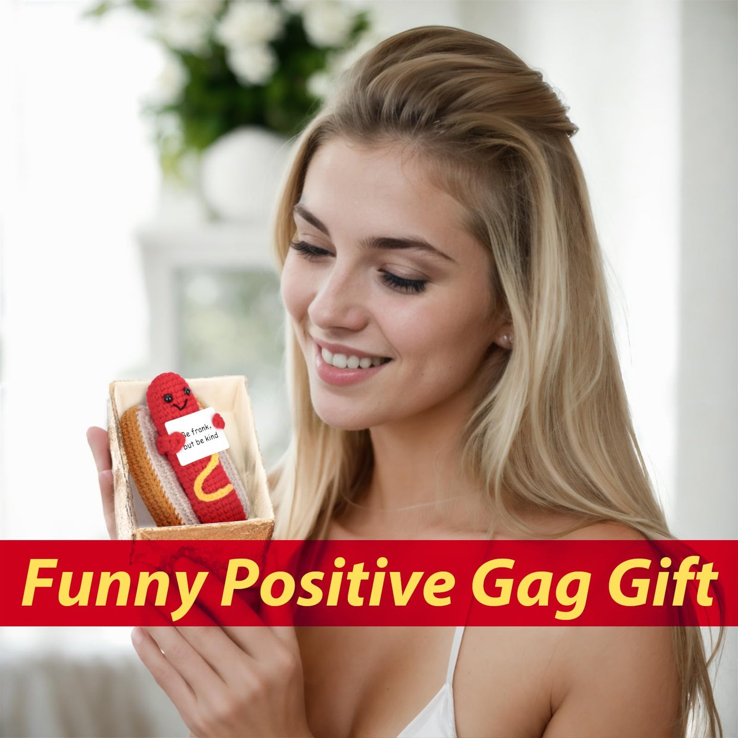 GIFTIARA Funny Positive Hot Dog – Emotional Support Crochet Toy | Cute Gift Idea