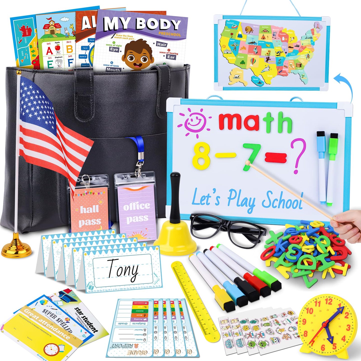 Gifts2U Pretend Play School Sets for Kids – Teacher Bag, Whiteboard, Learning Clock & Posters