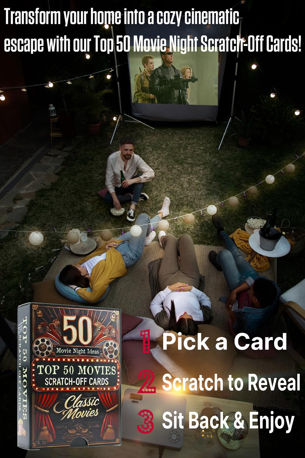 GIFTSFARM Top 50 Movie Night Scratch Off Cards | Unique Gift Ideas for Couples & Families