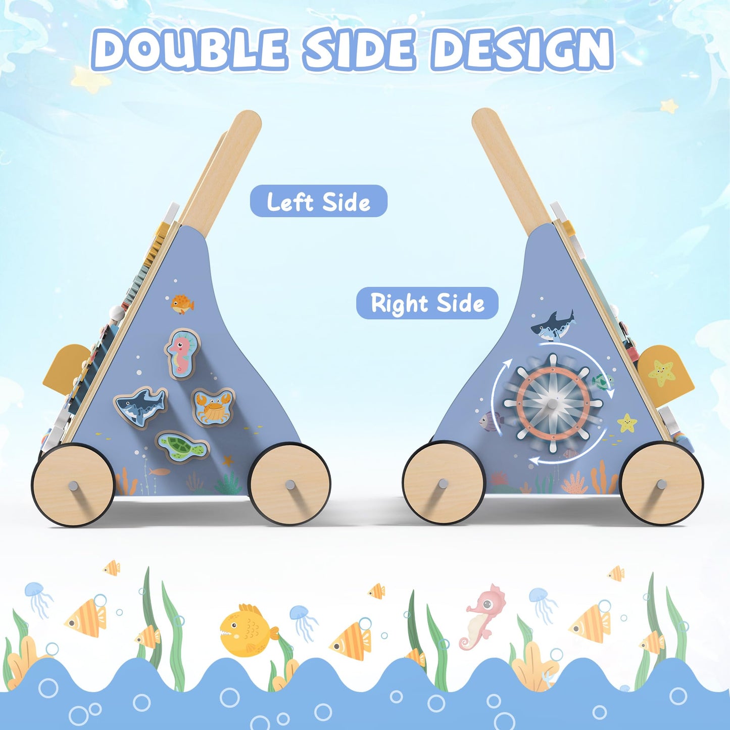 GiggleGems Ocean-Themed Wooden Baby Walker | Montessori Push Walker for 18 Months+