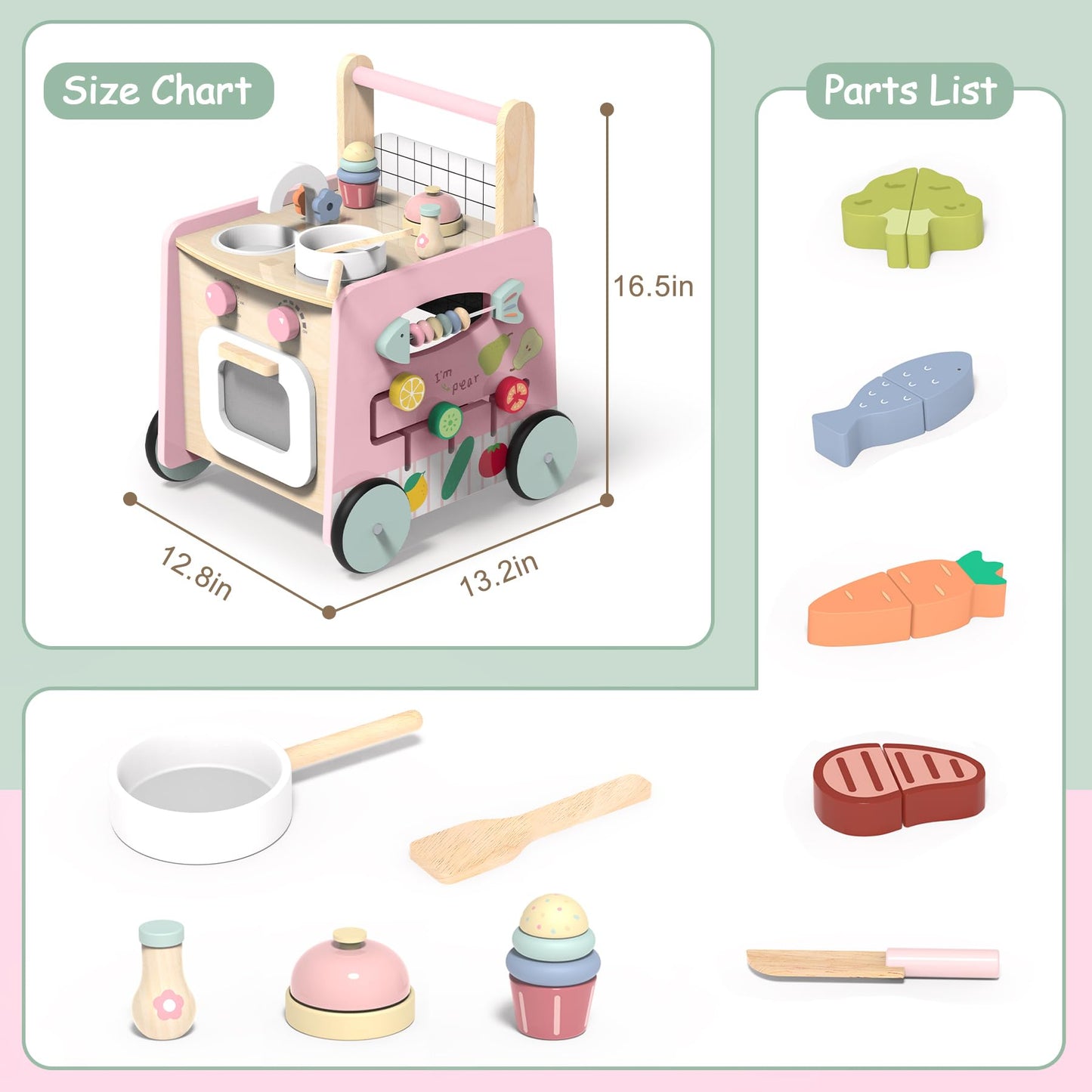 GiggleGems Wooden Baby Walker 4-in-1 | Push Walker, Kitchen Playset & Montessori Toy