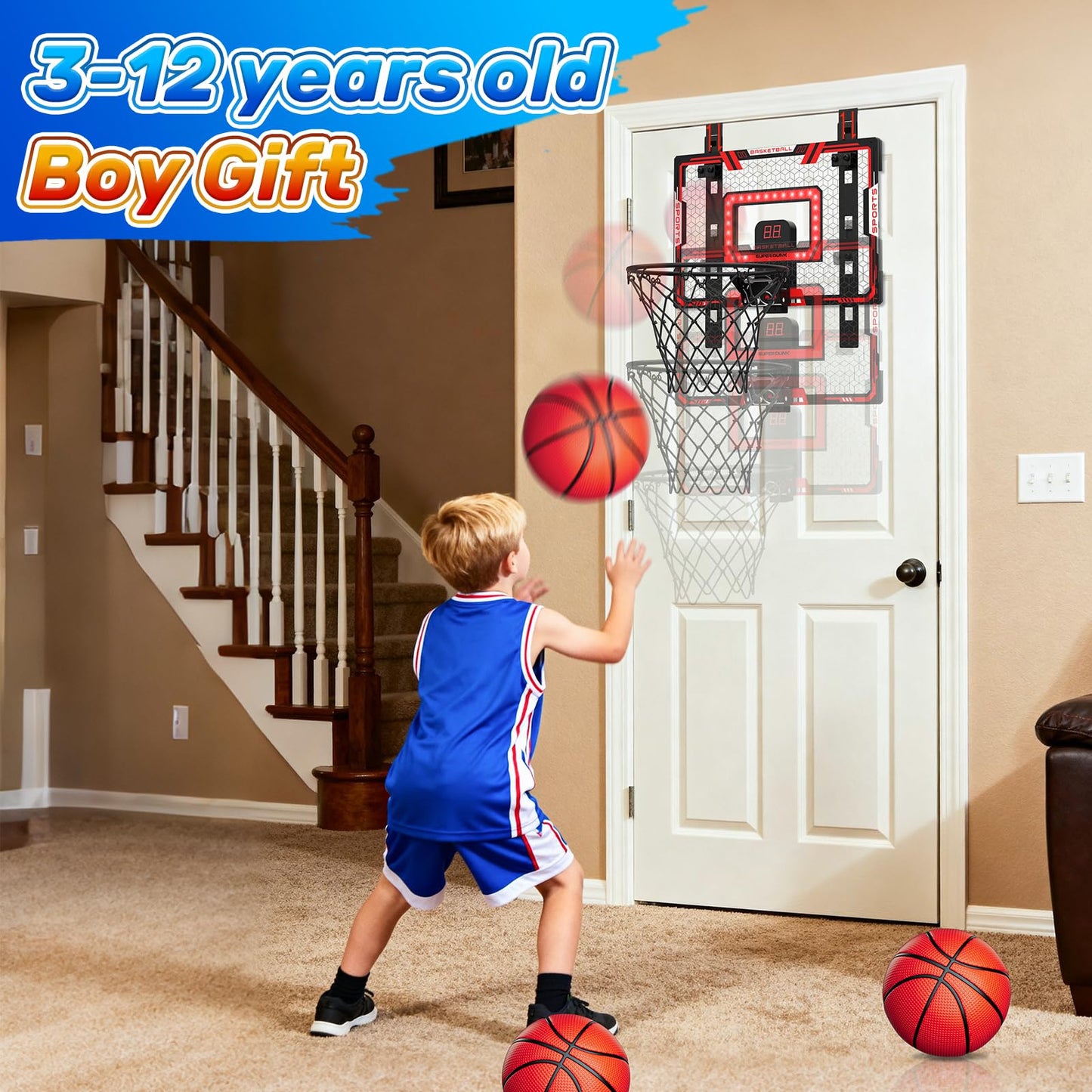 Gigilli Indoor Basketball Hoop for Kids — Adjustable Over-The-Door with LED Scoreboard & 3 Balls