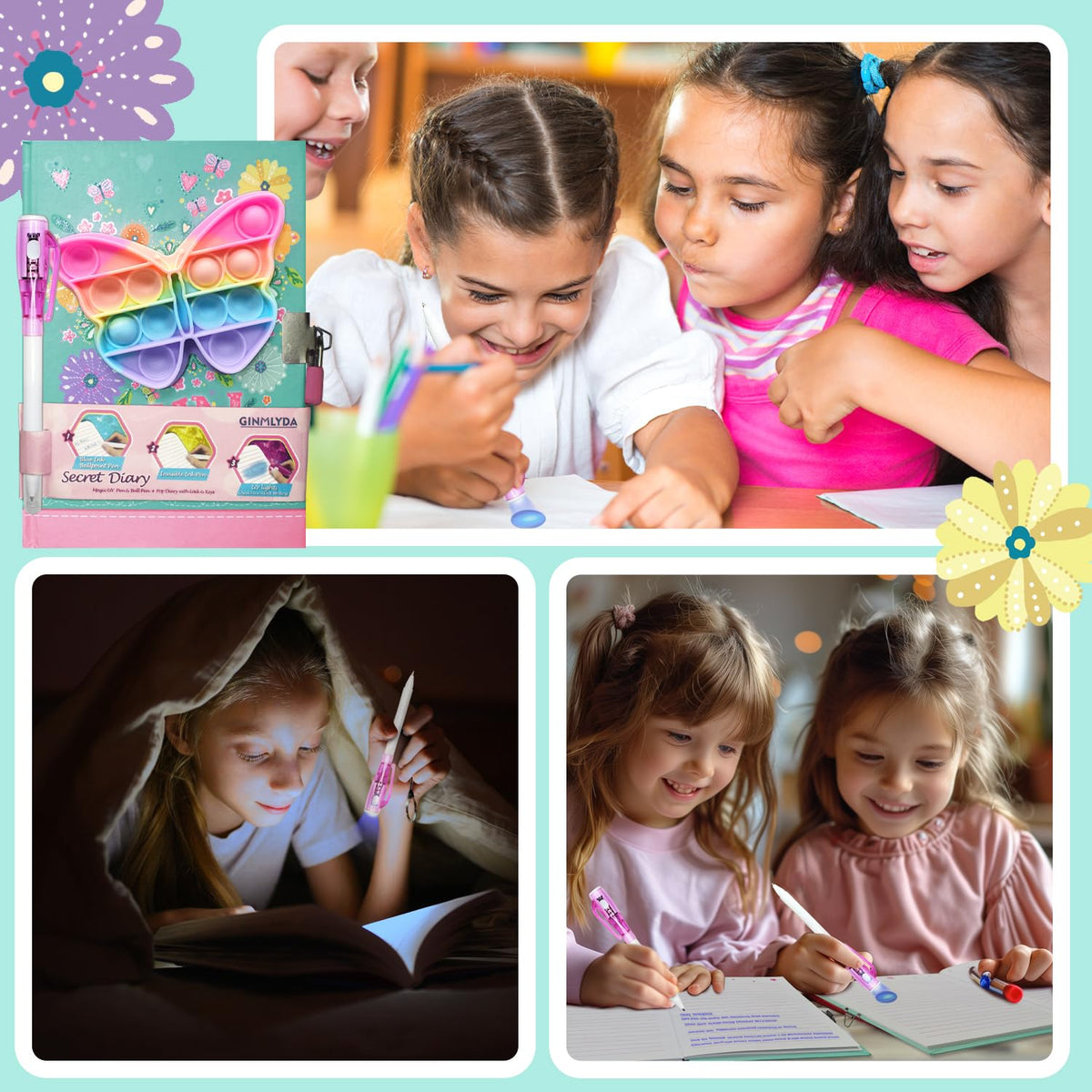 GINMLYDA Pop Girls Diary with Lock & Invisible Ink Pen – 7.5x5.4 Inch Kids Journal Gift