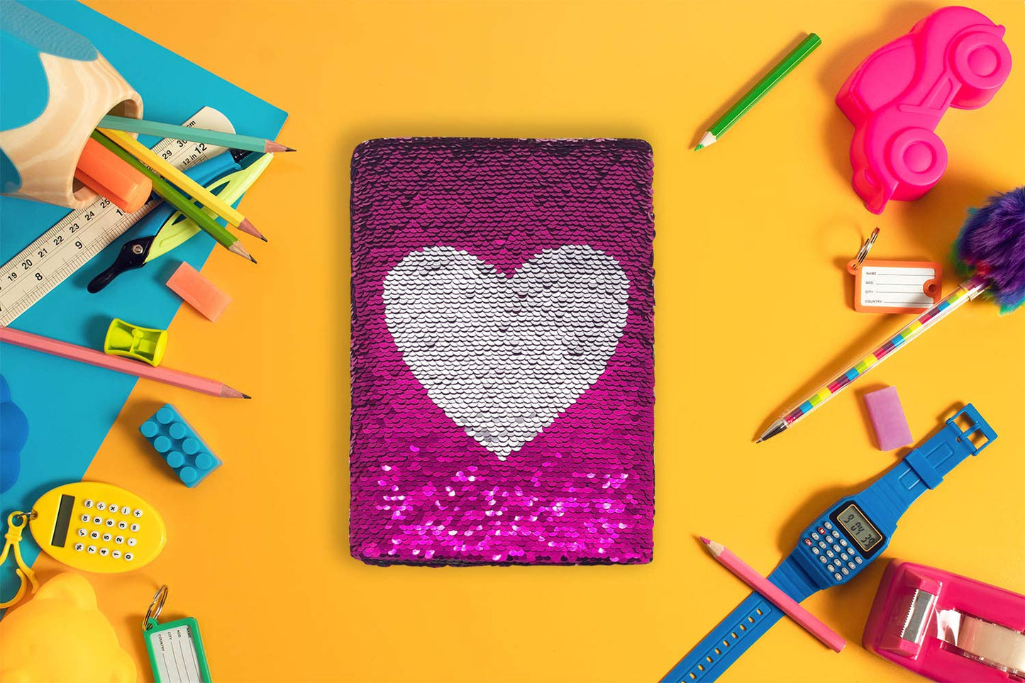 GINMLYDA Sequin Girls Journal for Kids – 8.25x5.5”, 160 Lined Pages, Reversible Heart Sequins (Rose Red/Silver)