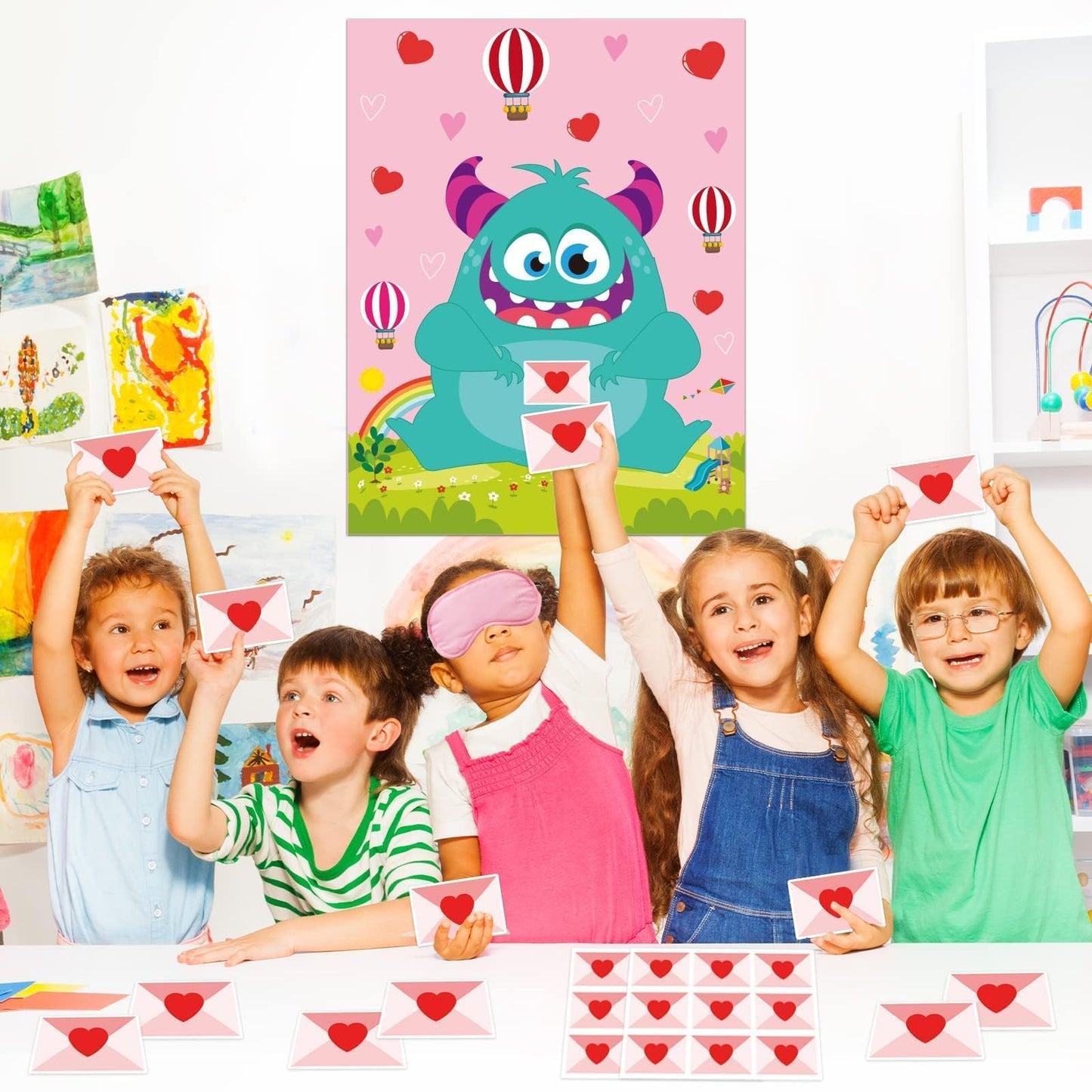 gisgfim Valentine Day Games for Kids – Pin The Heart on The Monster with 36 Heart Stickers