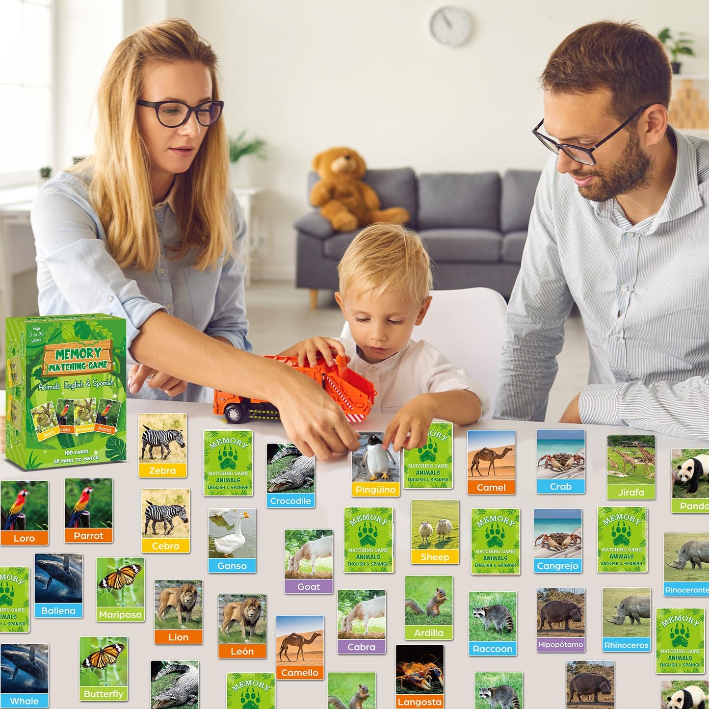 gisgfim Bilingual Animal Memory Game – 50 Pairs, English & Spanish, for Kids & Families