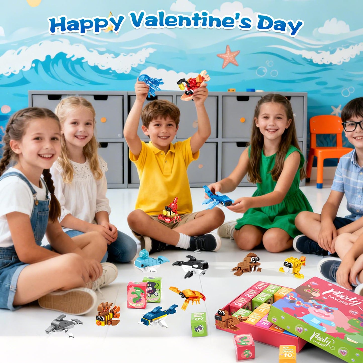 Giveuplay 24-Pack Valentine’s Day Ocean Building Blocks – Kids Gifts & Classroom Favors