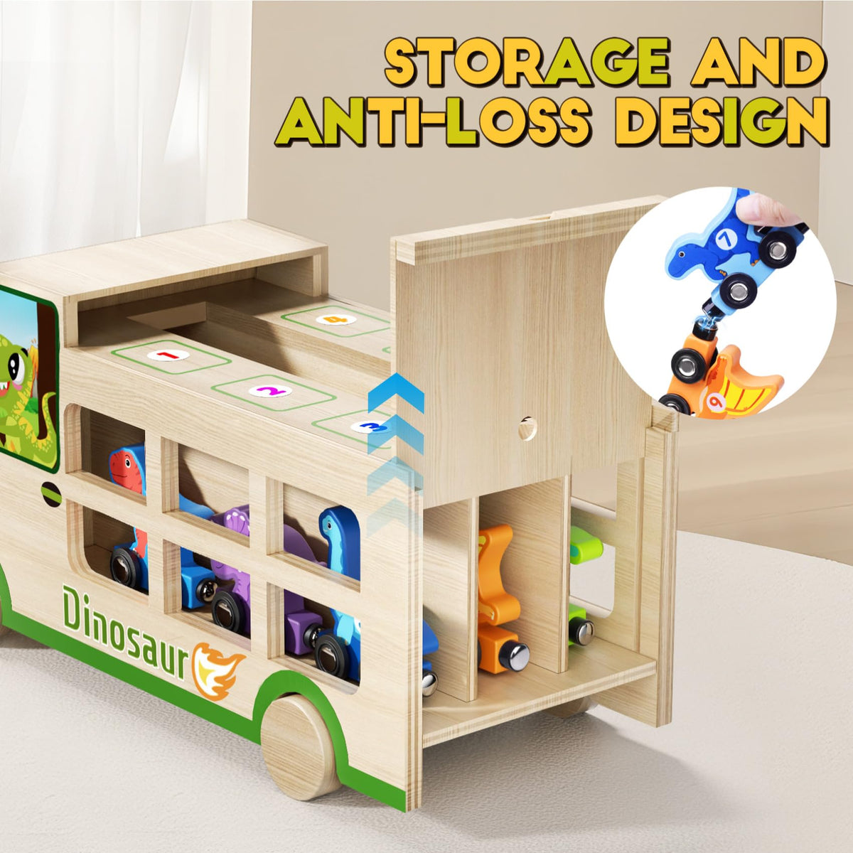GJZZ Wooden Dinosaur Truck & Magnetic Train Set | Montessori STEM Toys for 2-5