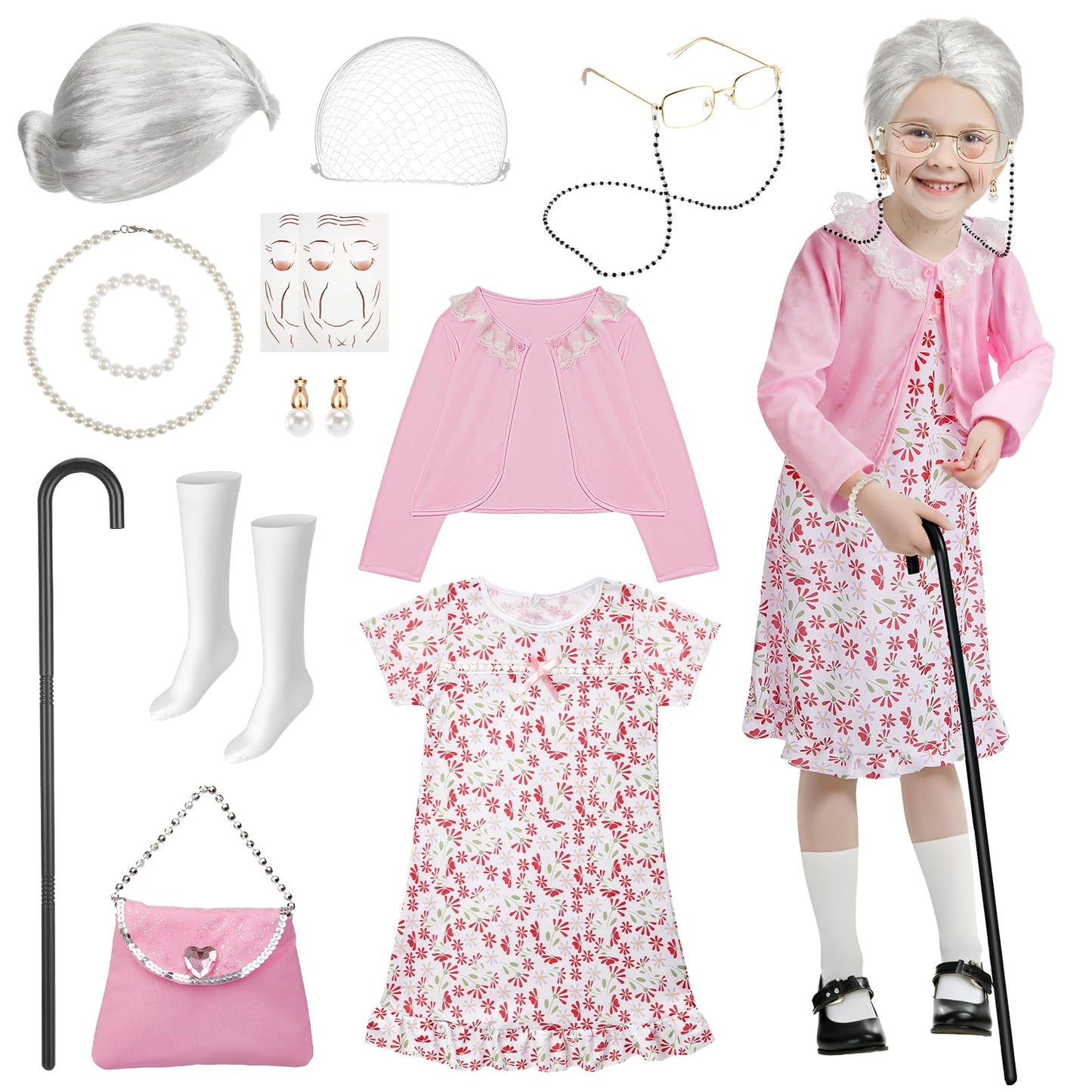 Gleamkid Old Lady Costume for Kids – 100 Days Granny Dress-Up Kit with Wig & Accessories