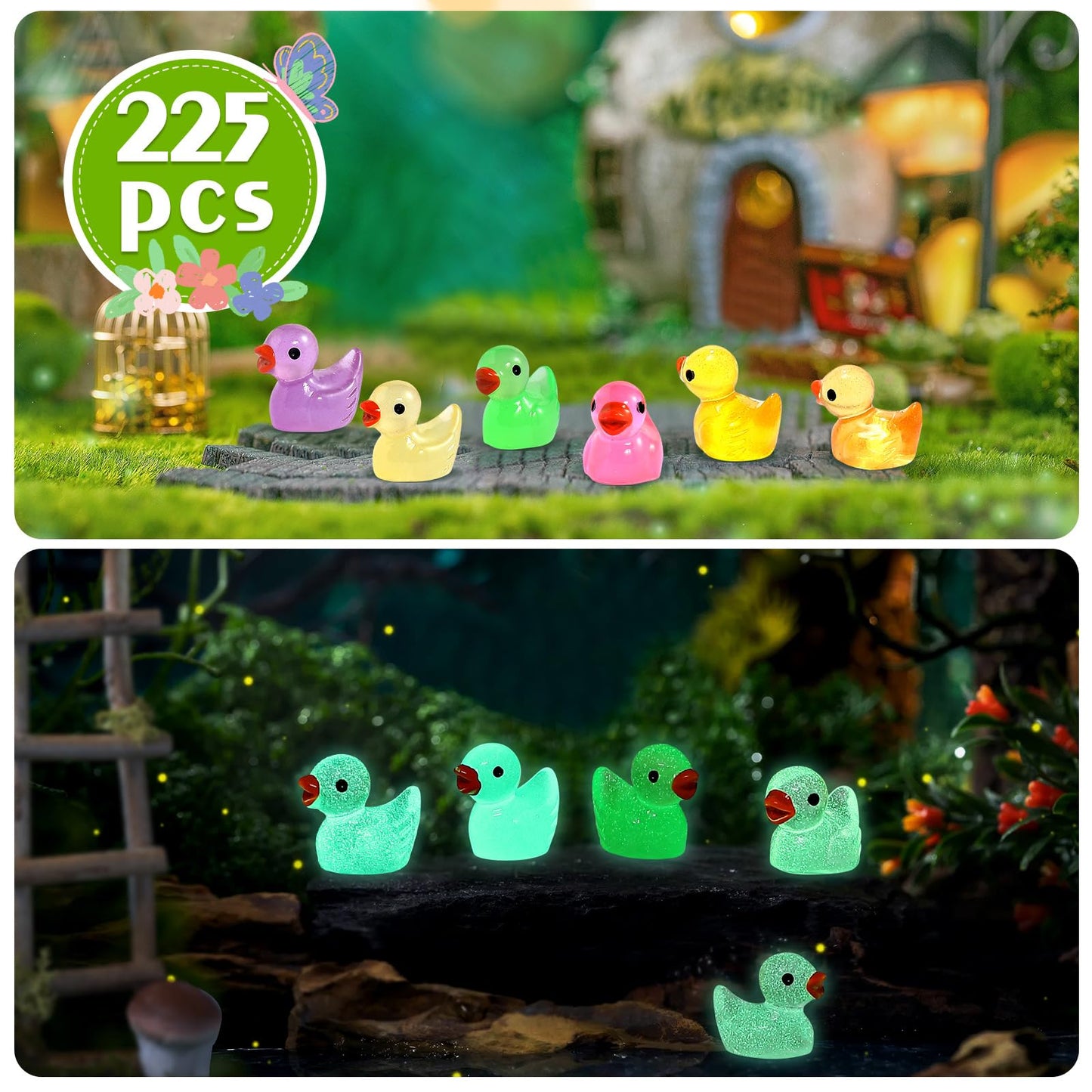GliSun 225-Piece Luminous Mini Resin Ducks – Glow-in-the-Dark Decor for Garden & DIY Crafts