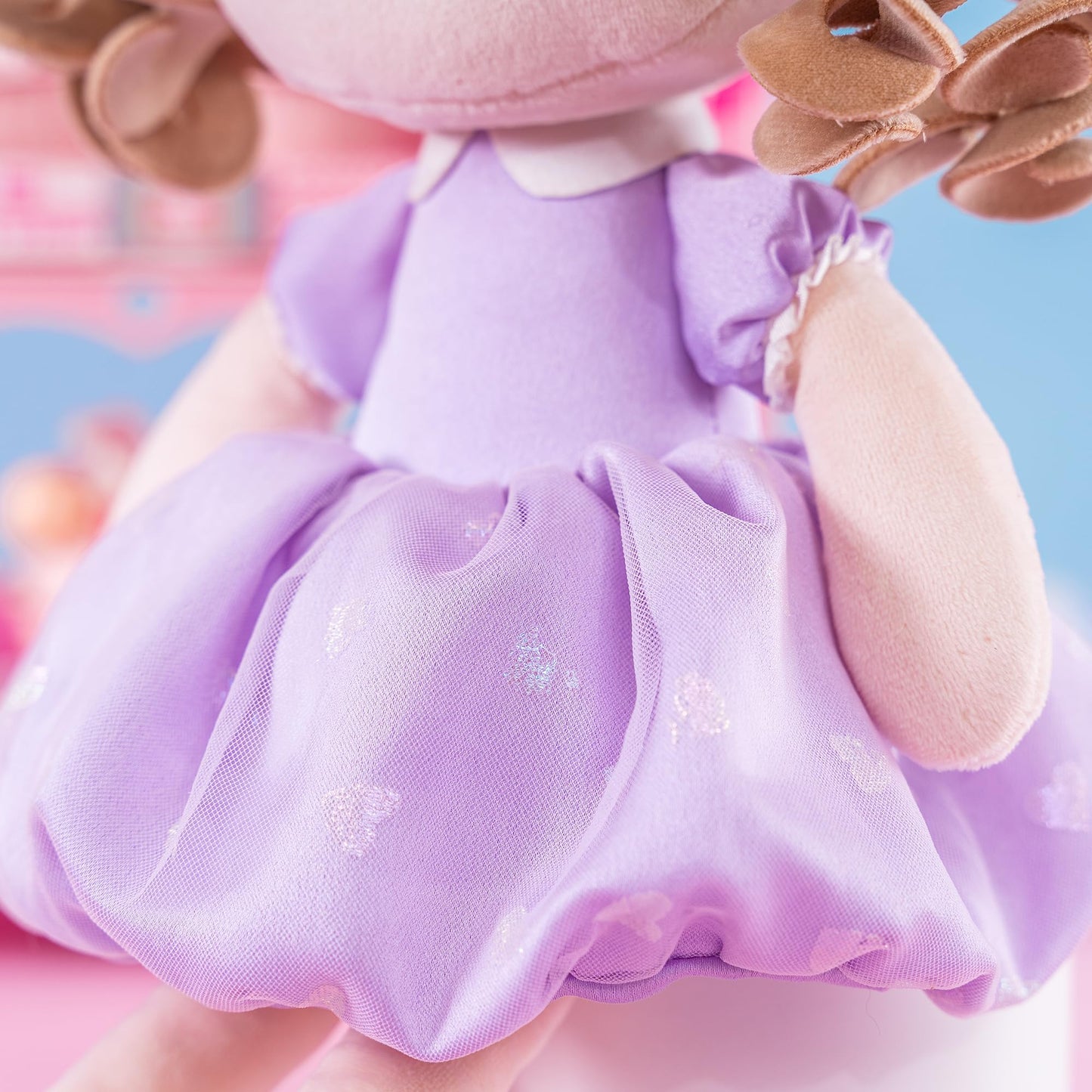 Gloveleya Baby Doll Plush – Curly Hair Girl Toy with Purple Dress (16-inch)