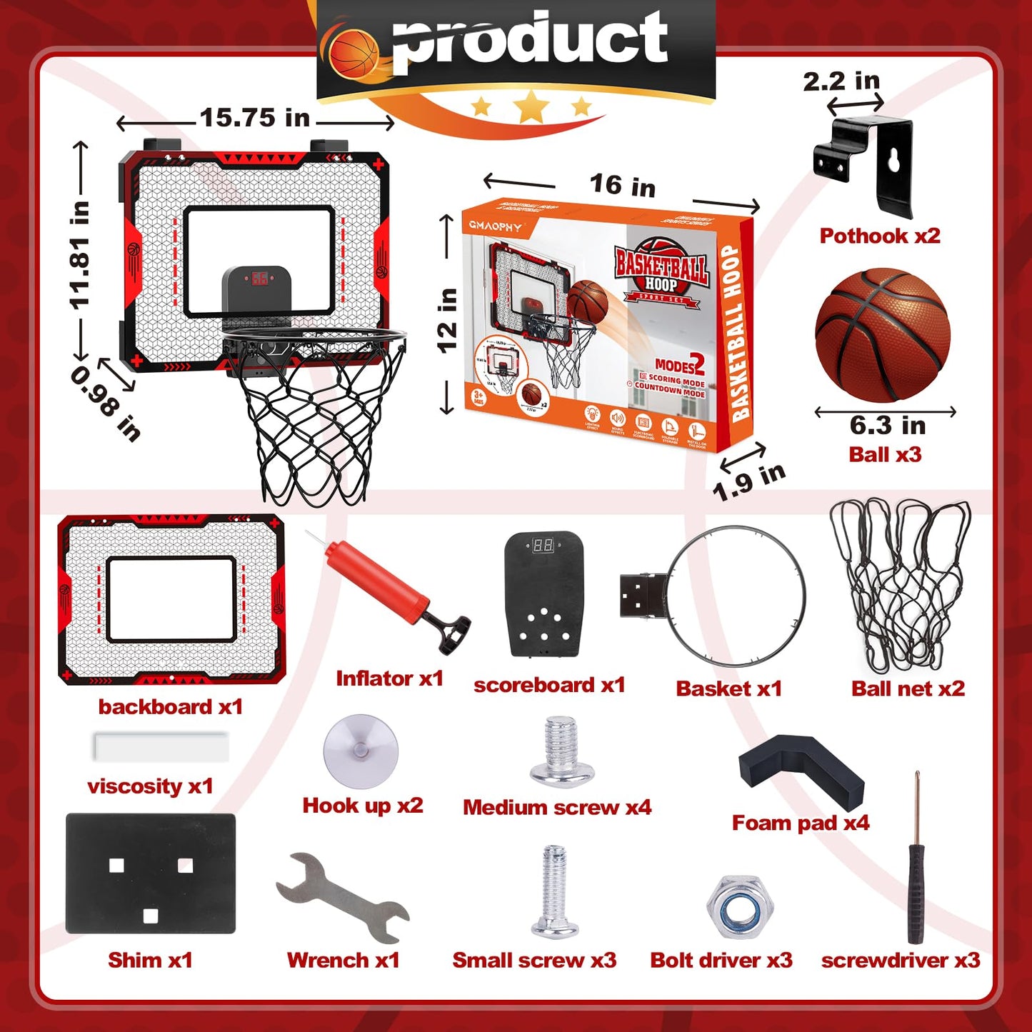 GMAOPHY Basketball Hoop Indoor with Electronic Scoreboard – Door-Mount Mini Hoop for Kids 5-10+