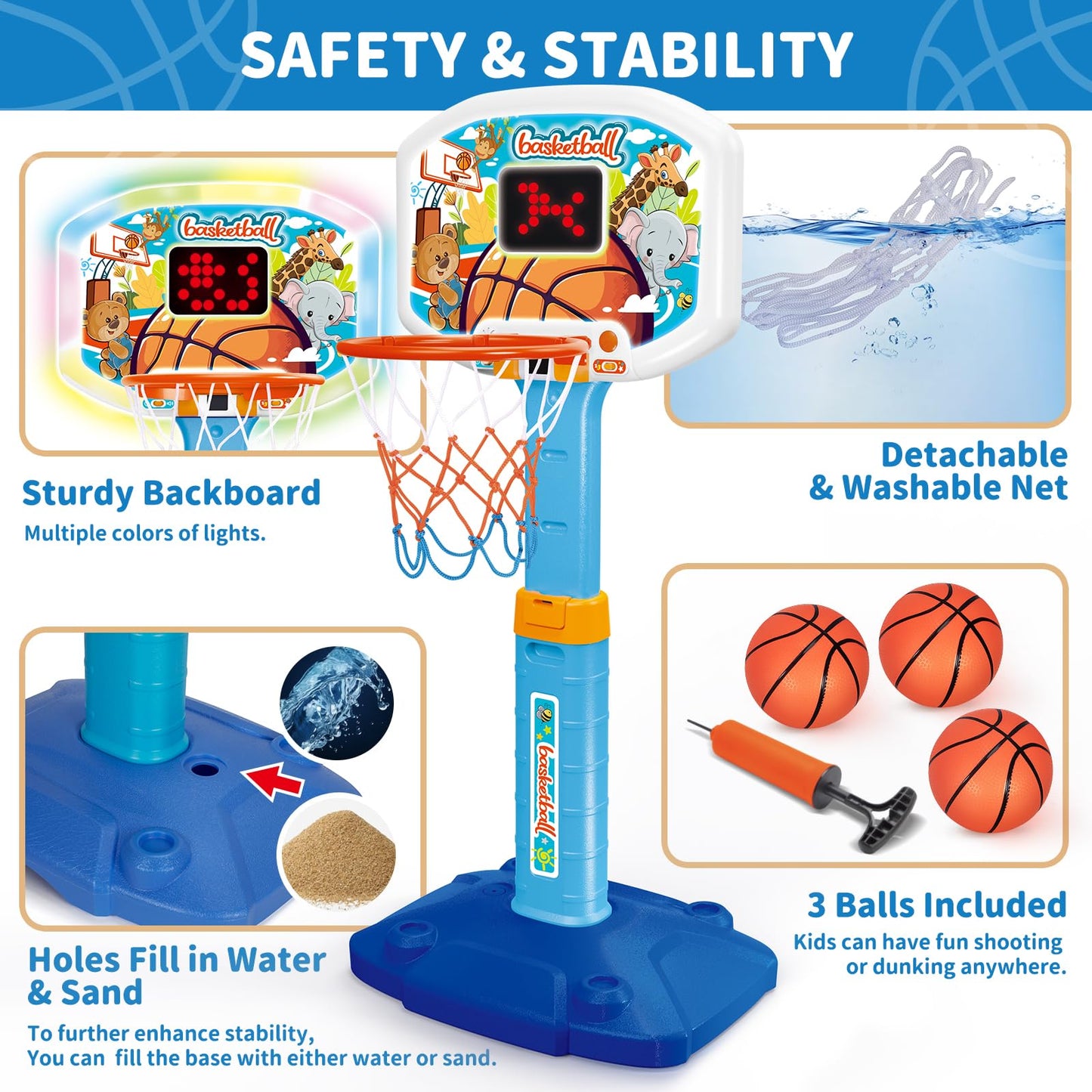 GMAOPHY Toddler Indoor Basketball Hoop – Adjustable 29.5-41.3 in, Lights & Sounds