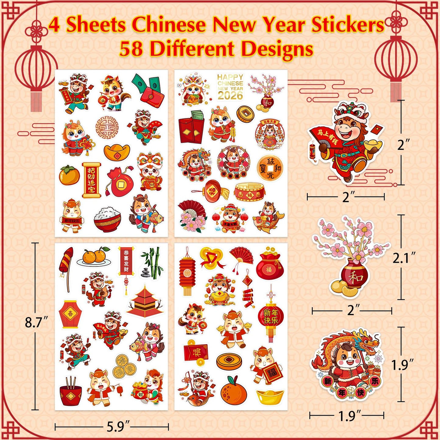 GMEMNOV 58PCS Chinese New Year Stickers 2026 – Year of The Horse Decals for Lunar New Year Party Favors