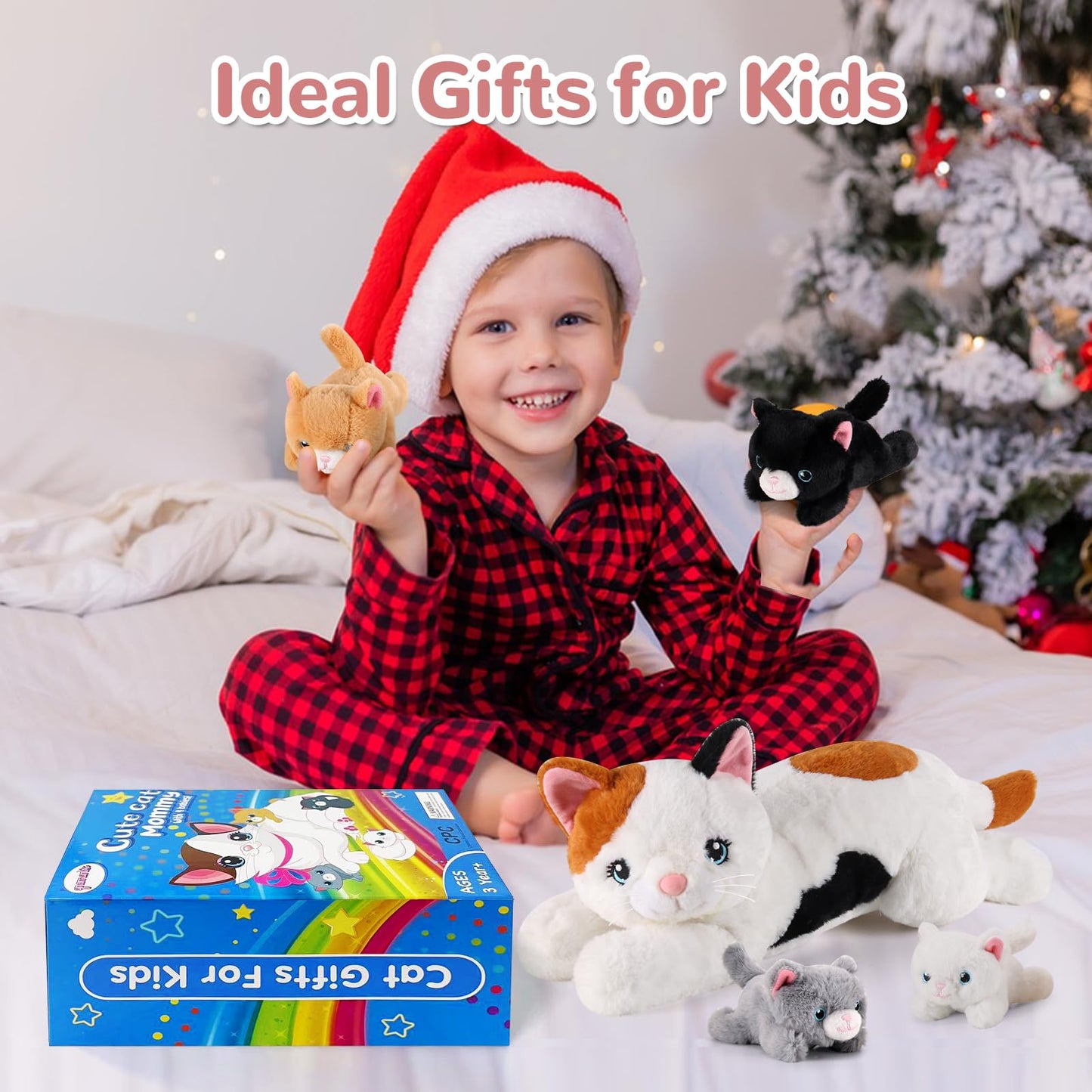 gnomantic 5-in-1 Cat Plush Set: Mommy Cat with 4 Kittens – Soft Stuffed Toys for Kids 3-8 | Gift Box