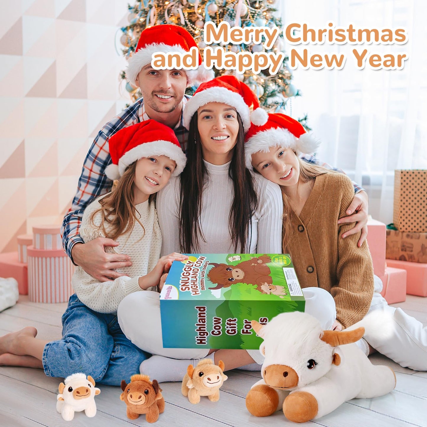 gnomantic 4-Piece Highland Cow Stuffed Animals – Mommy + 3 Babies Plush Set